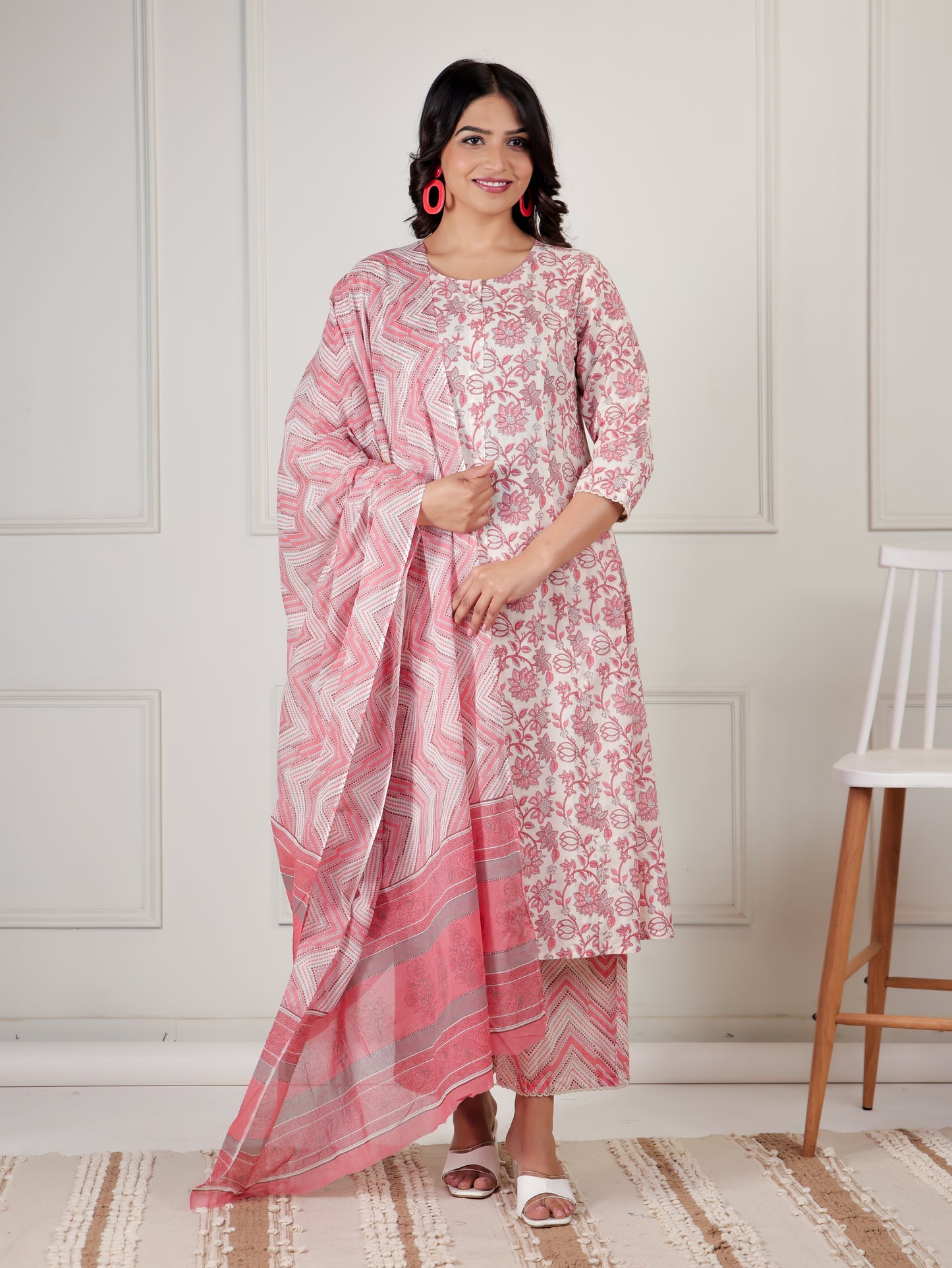 Soft Cotton Floral Flared Pink Kurta
