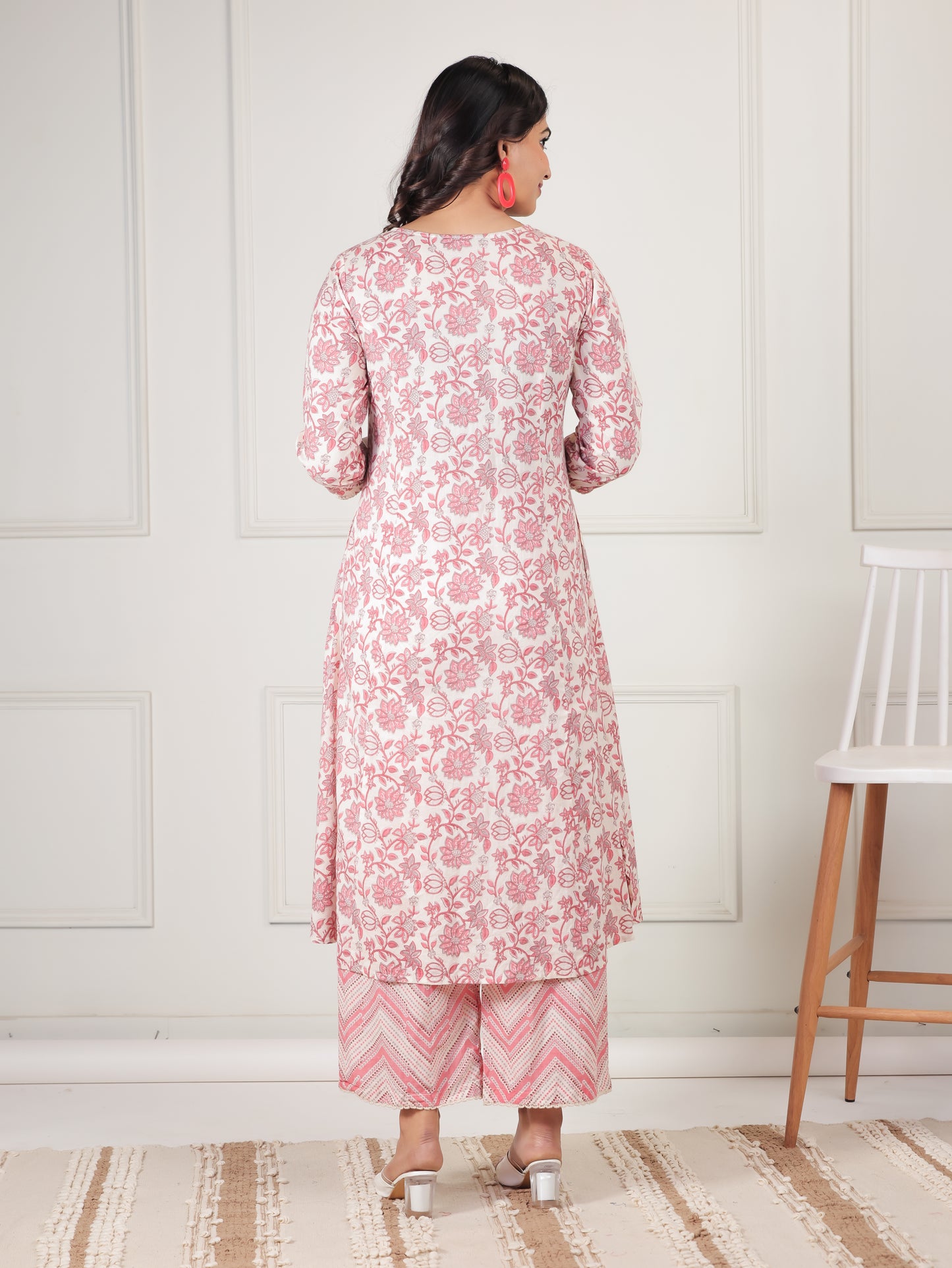 Soft Cotton Floral Flared Pink Kurta