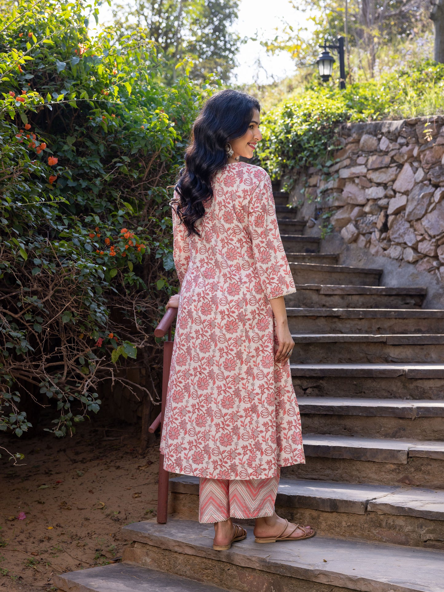 Embroidered Soft Cotton Floral Flared Pink