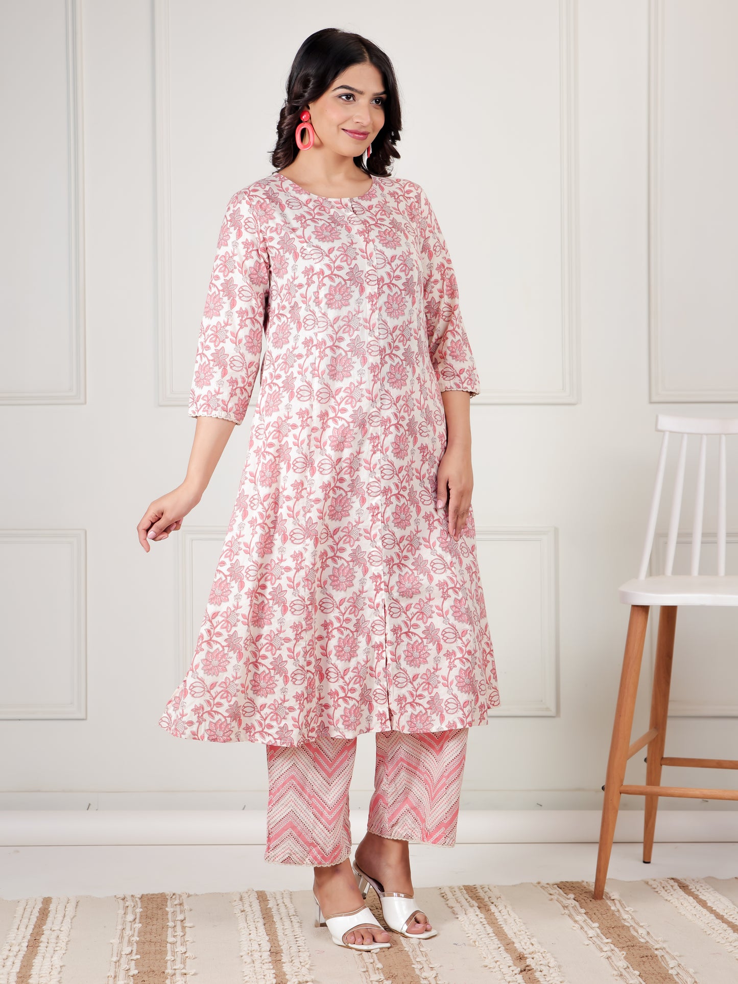 Soft Cotton Floral Flared Pink Kurta