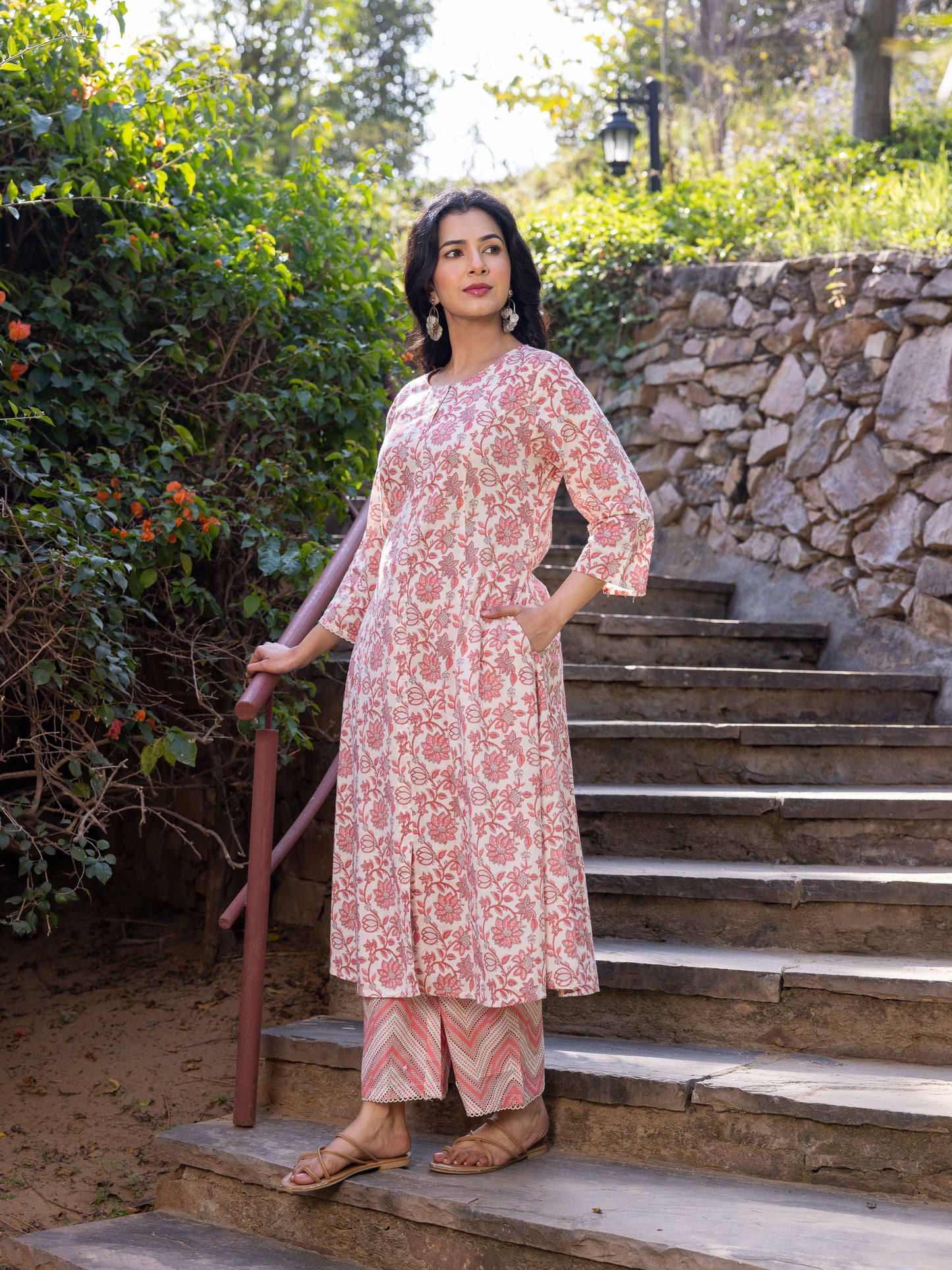 Embroidered Soft Cotton Floral Flared Pink