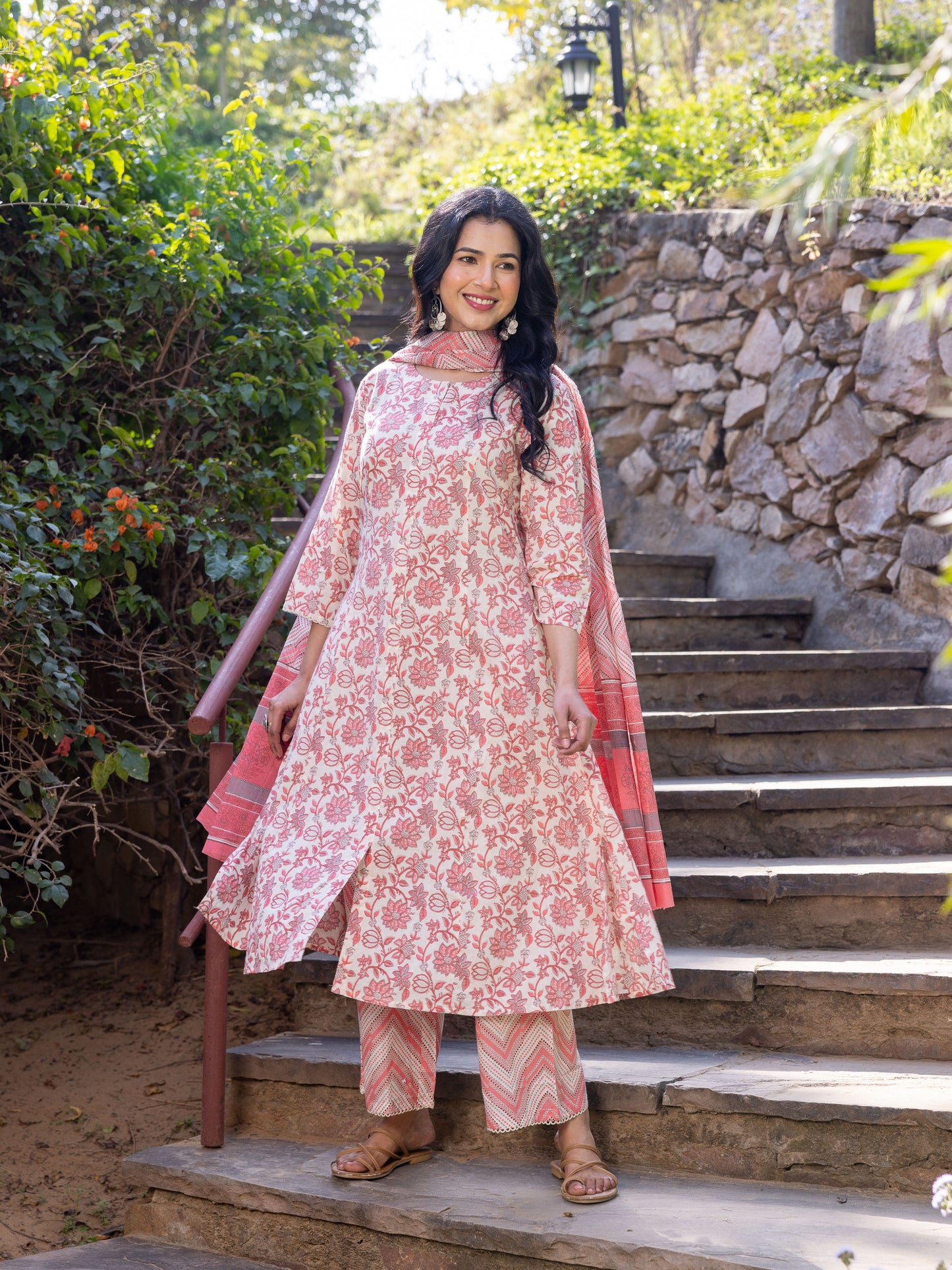 Embroidered Soft Cotton Floral Flared Pink