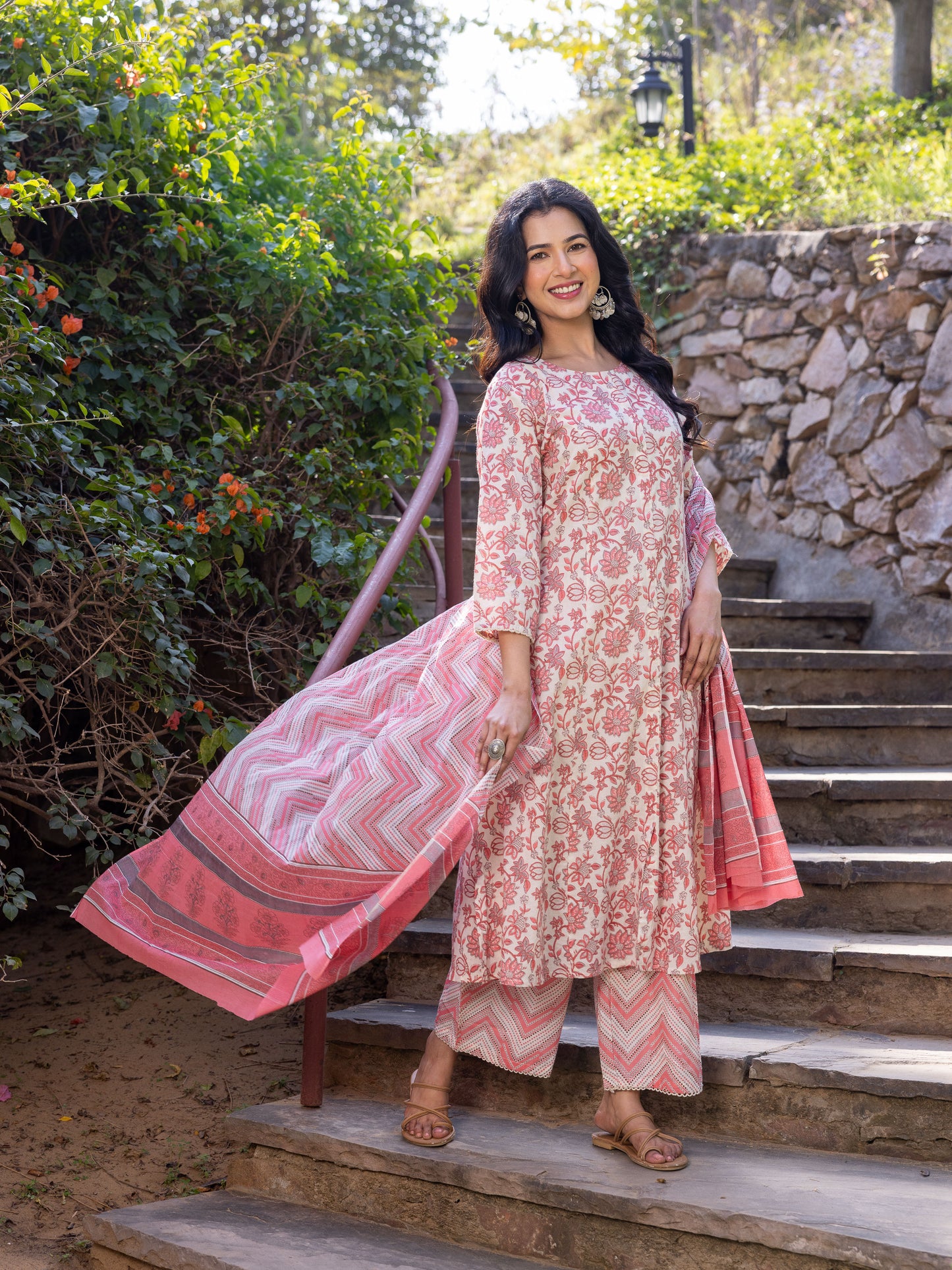 Embroidered Soft Cotton Floral Flared Pink