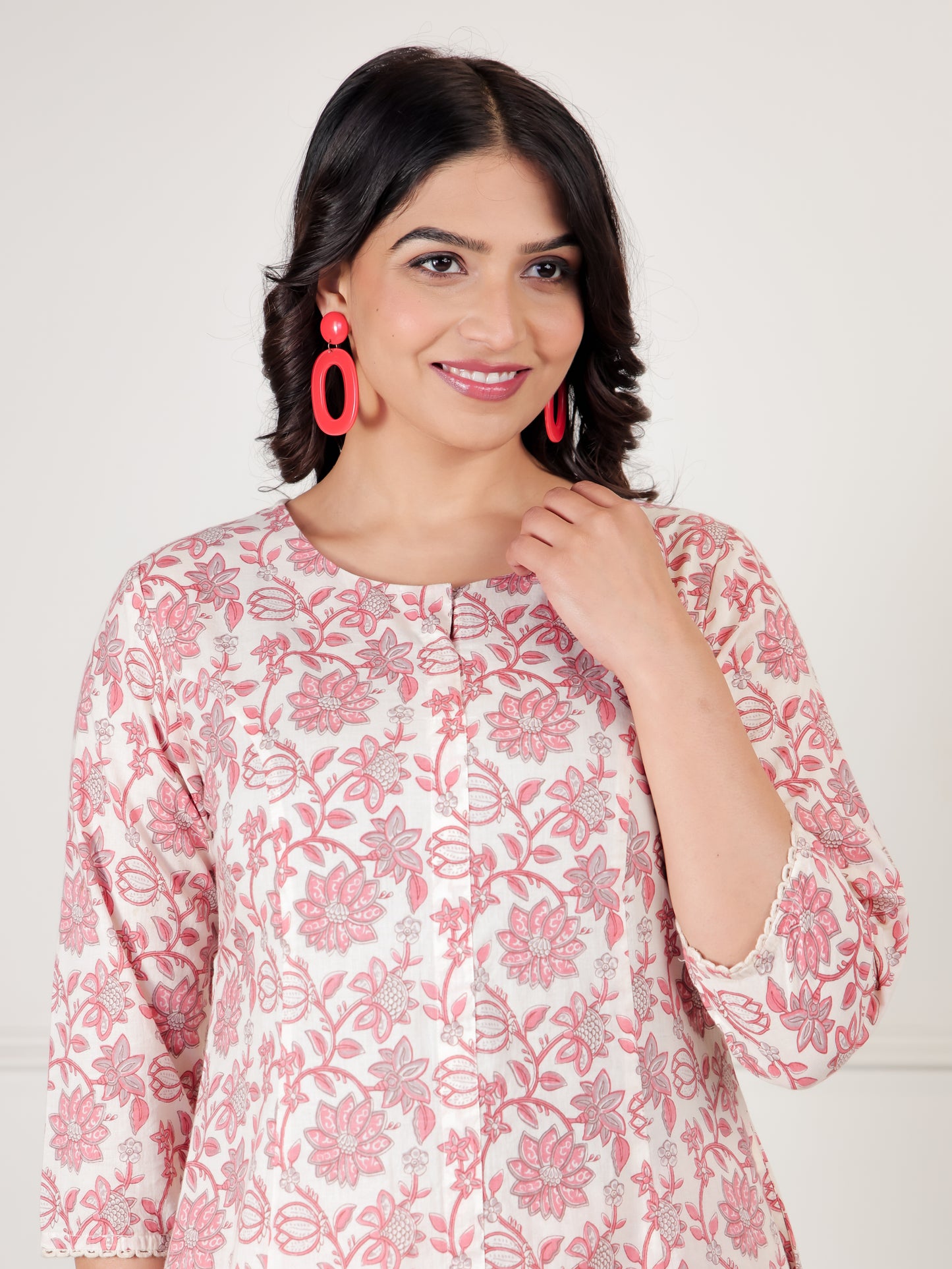 Soft Cotton Floral Flared Pink Kurta