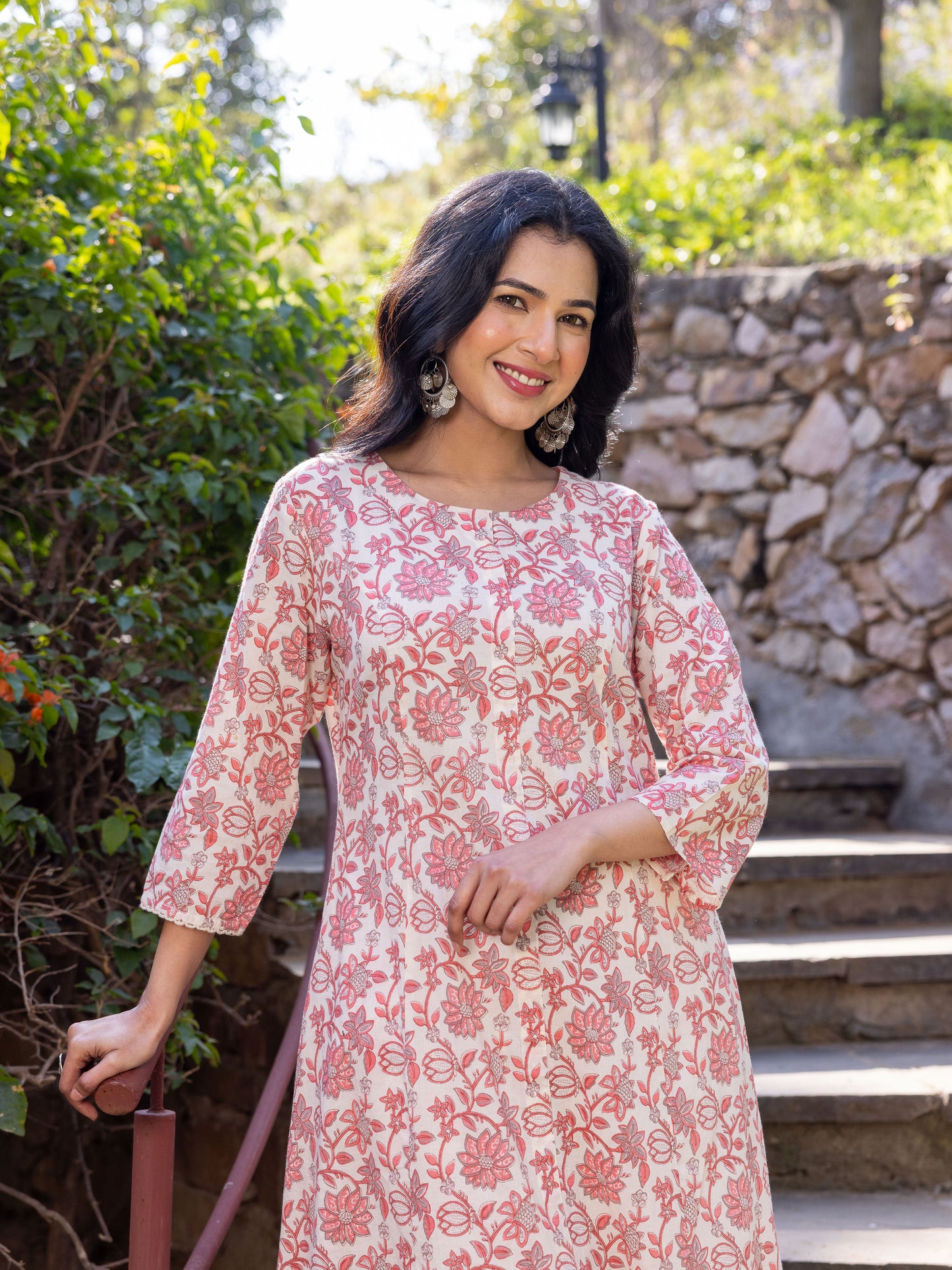 Embroidered Soft Cotton Floral Flared Pink