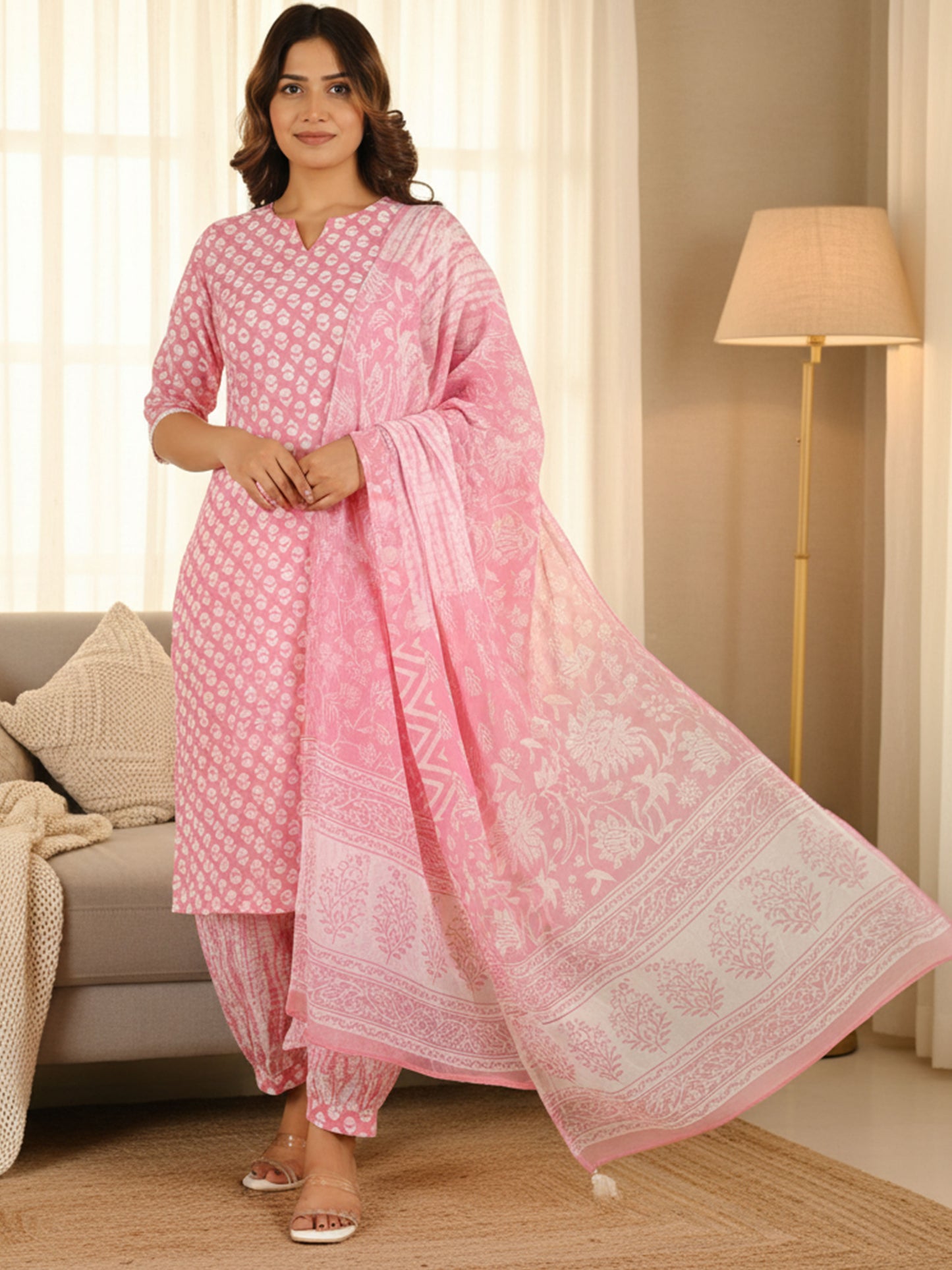 Soft Cotton Floral Straight Pink Kurta