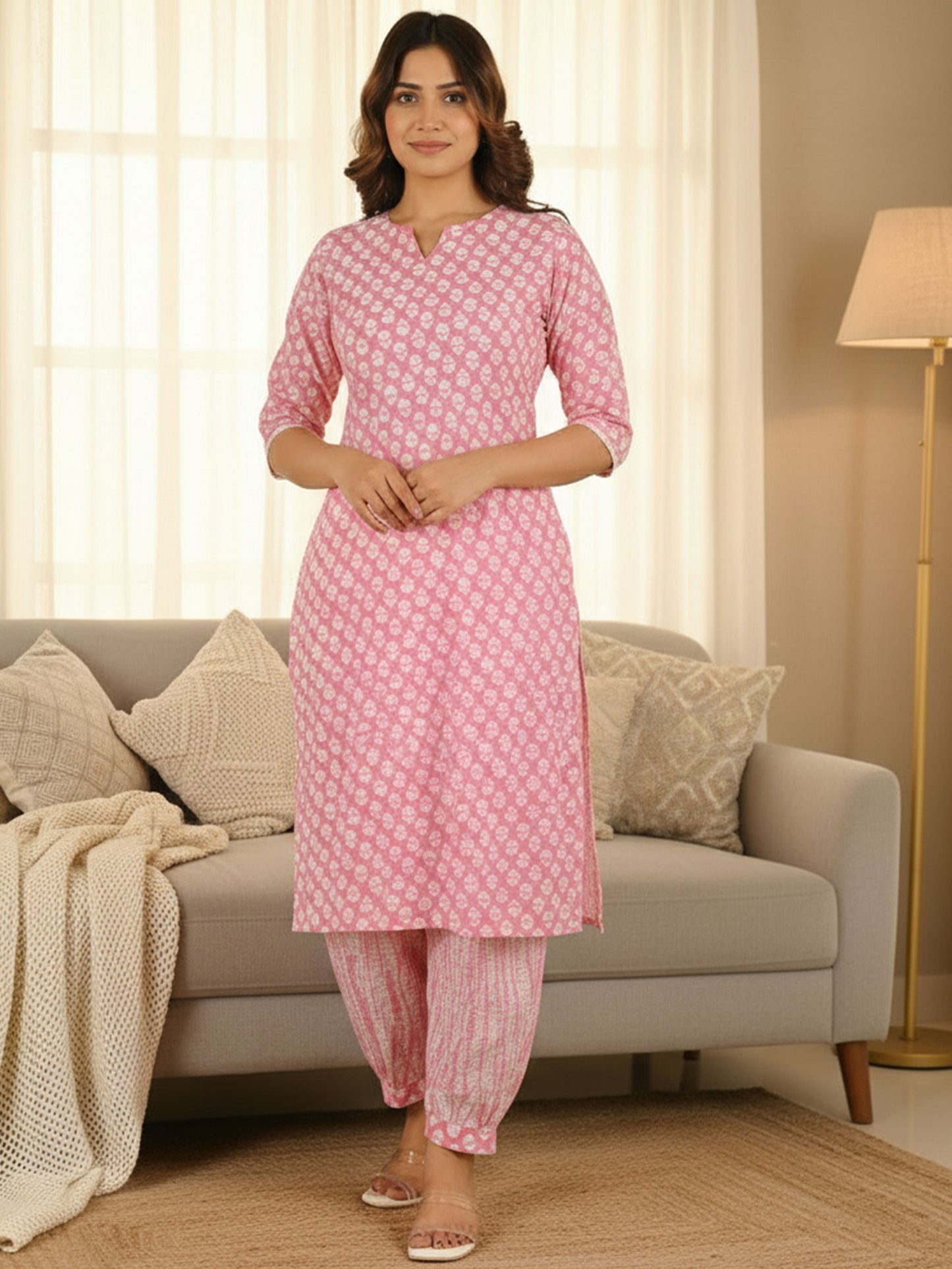 Soft Cotton Floral Straight Pink Kurta