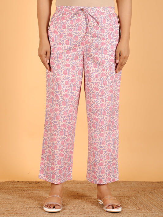 Soft Cotton Floral Off White Straight Trousers