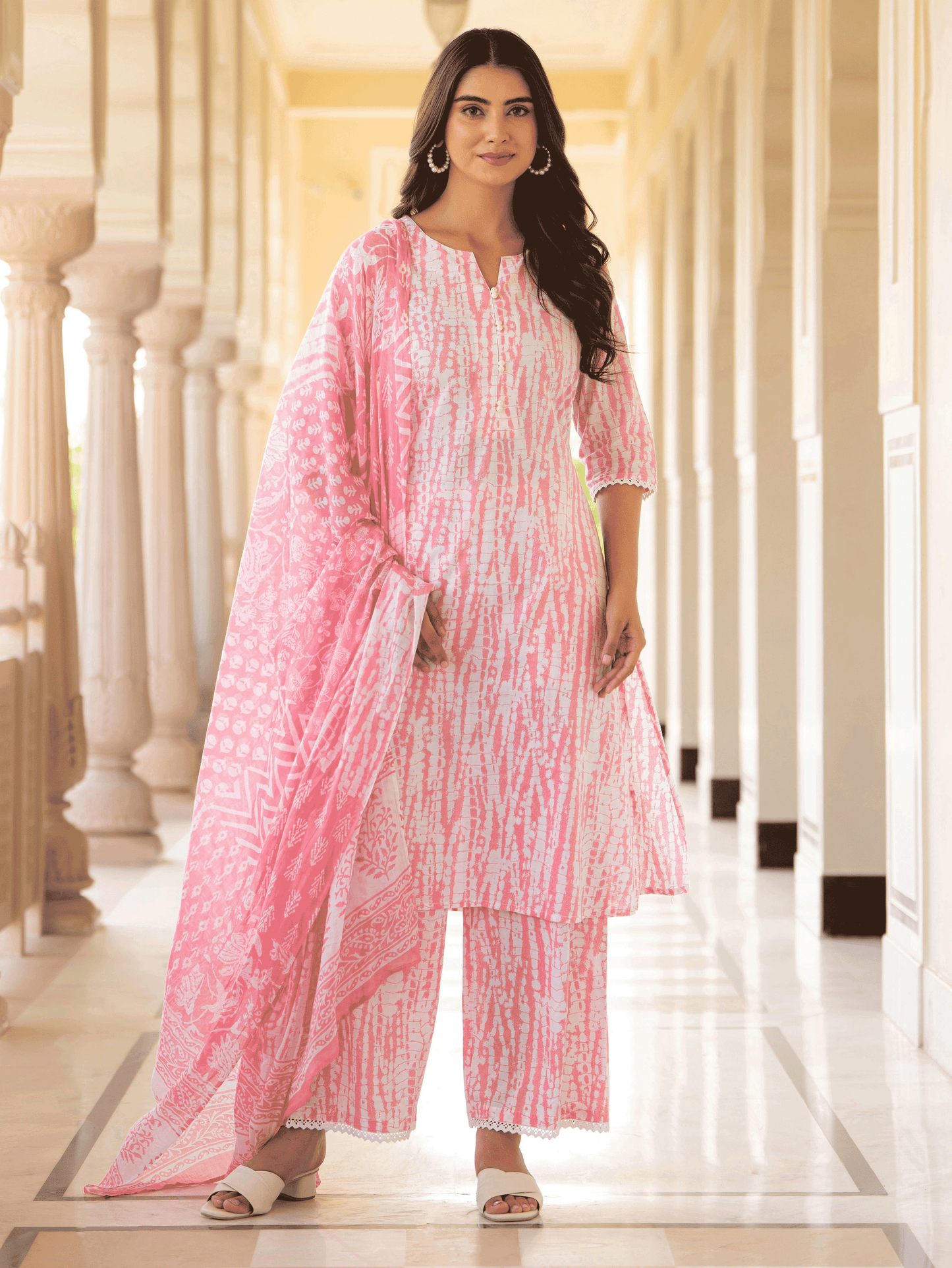 Cotton Voile Geometric Pink Dupatta