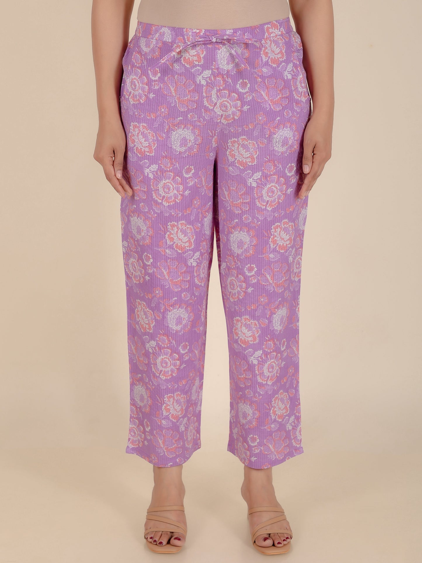 Kantha Cotton Floral Purple Straight Trousers