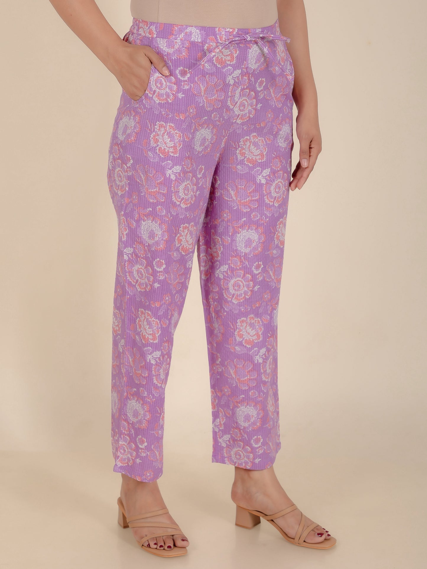 Kantha Cotton Floral Purple Straight Trousers