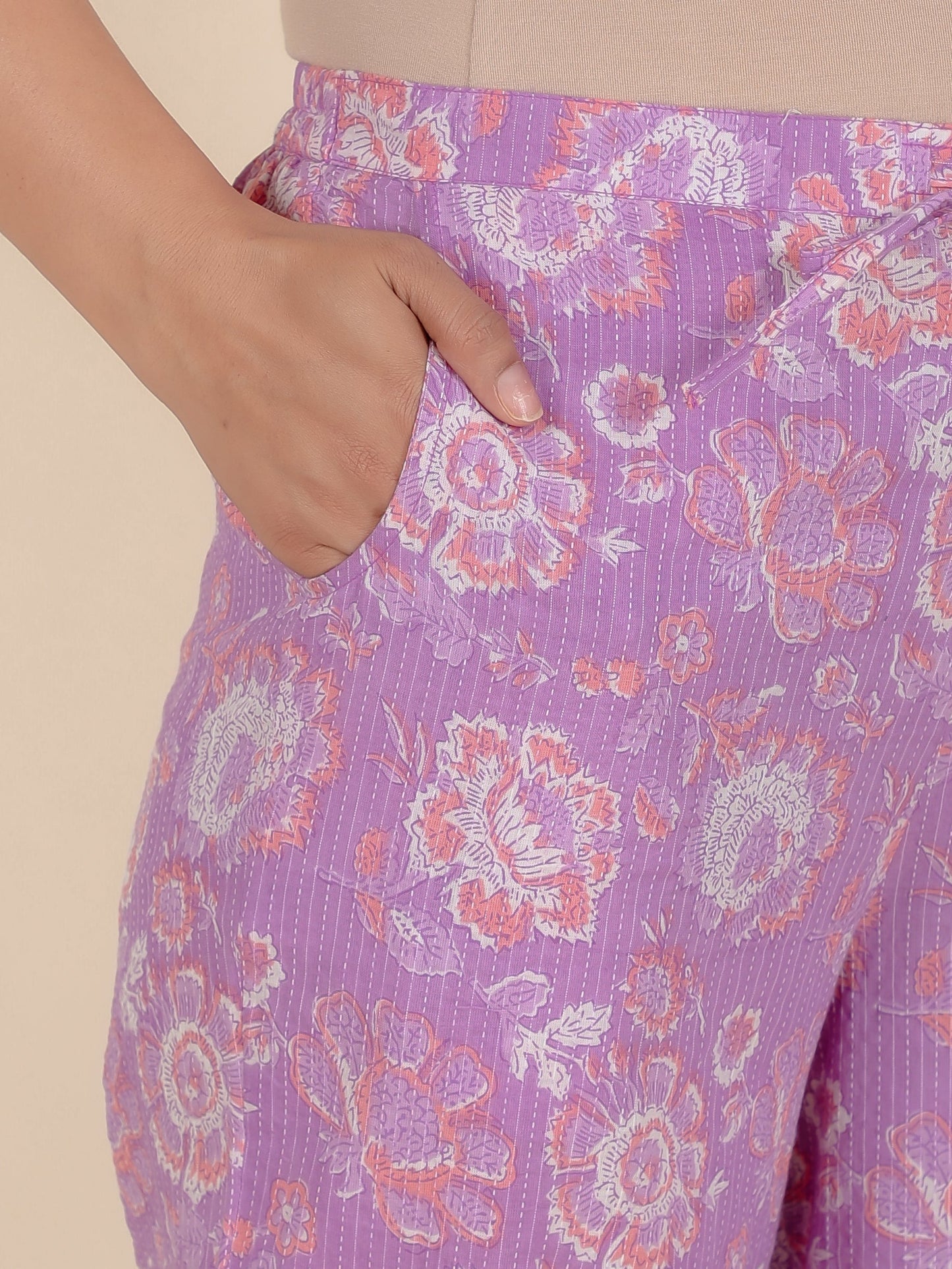 Kantha Cotton Floral Purple Straight Trousers