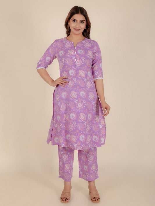 Kantha Cotton Floral A-line Purple Kurta