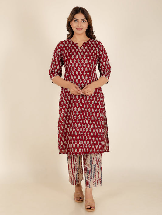 Soft Cotton Block Straight Maroon Kurta