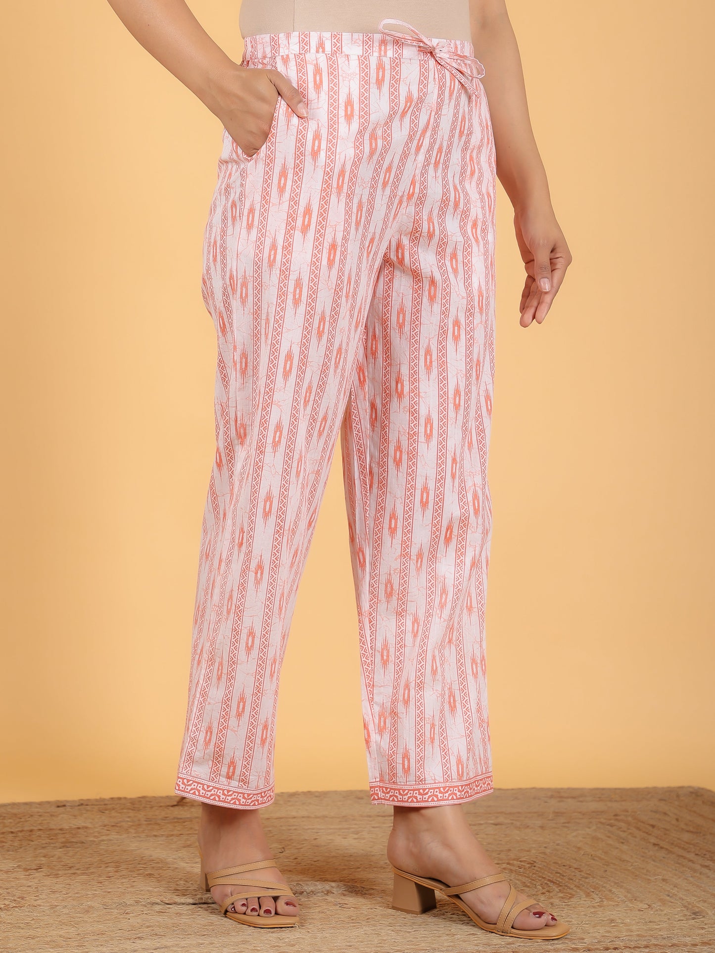 Soft Cotton Striped Orange Straight Trousers