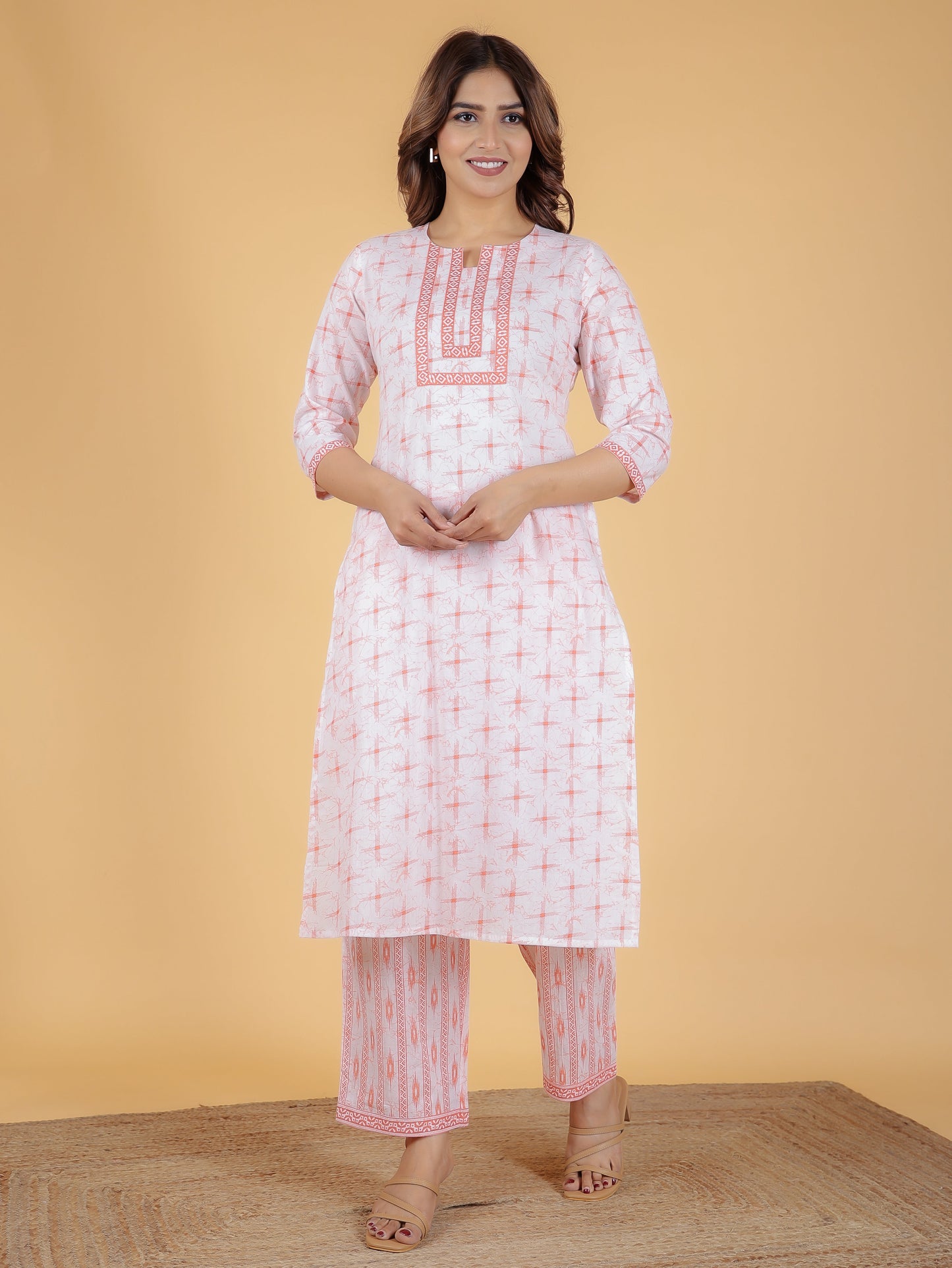 Soft Cotton Geometric Straight Orange Kurta