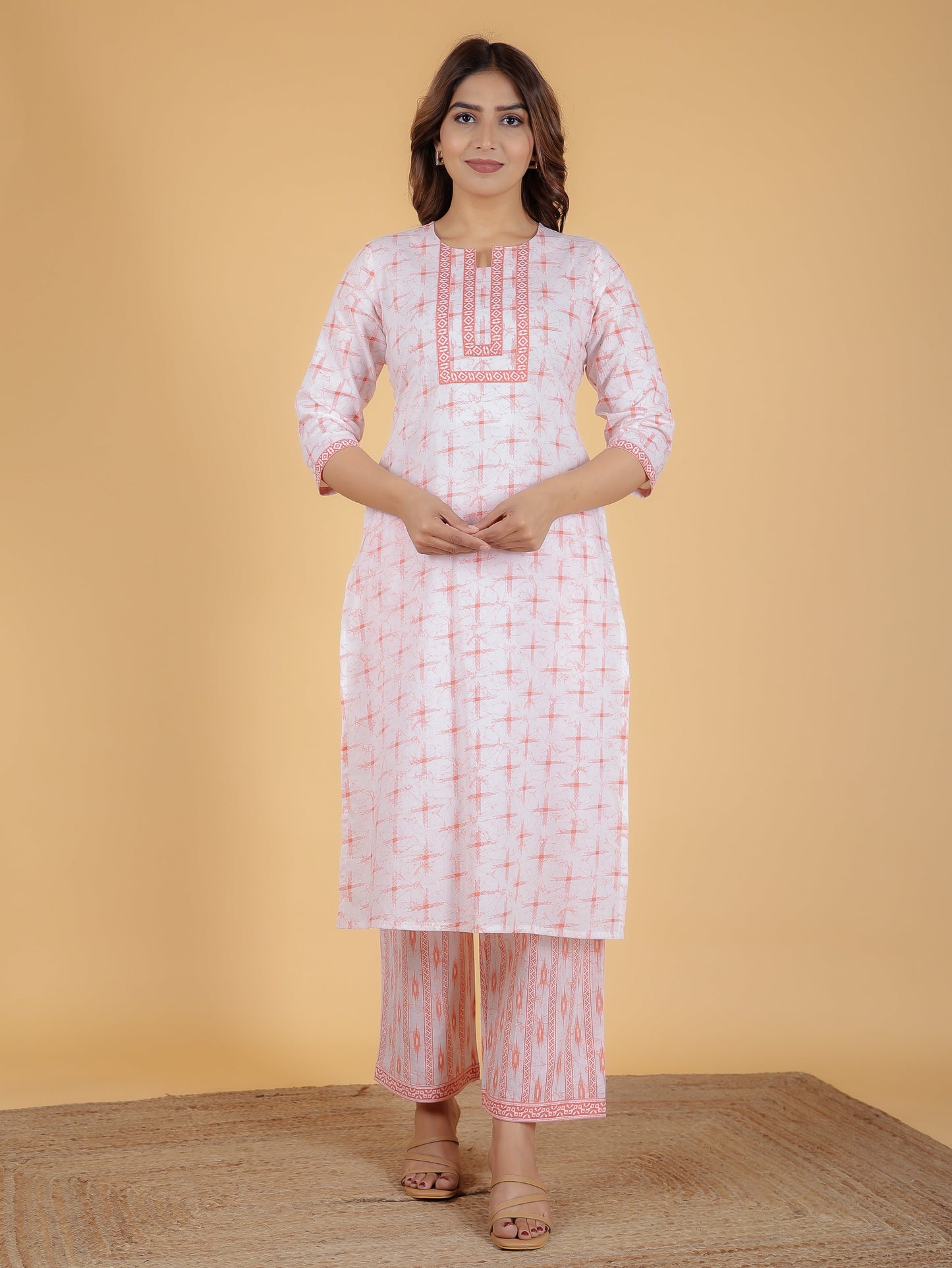 Soft Cotton Geometric Straight Orange Kurta