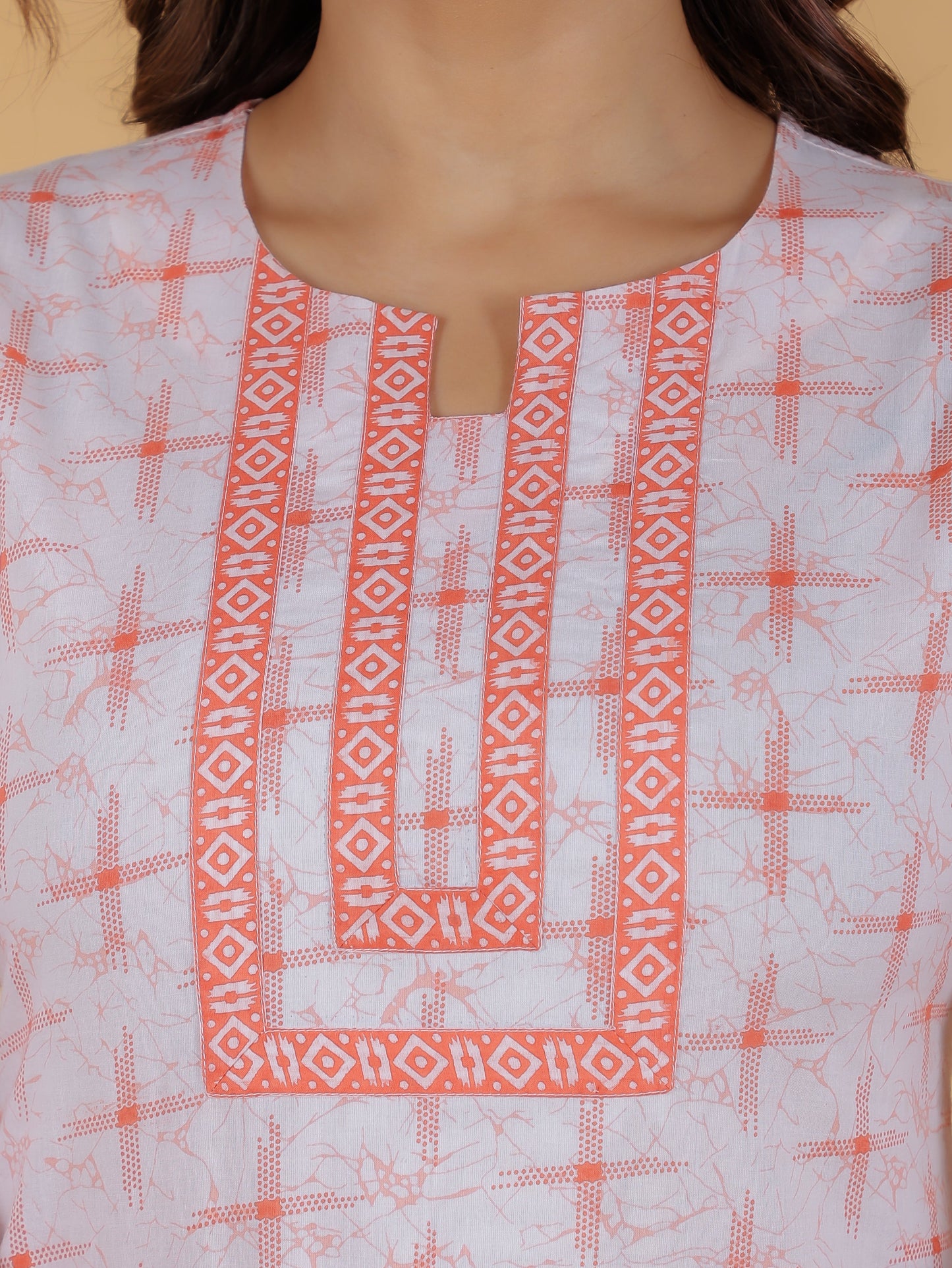 Soft Cotton Geometric Straight Orange Kurta