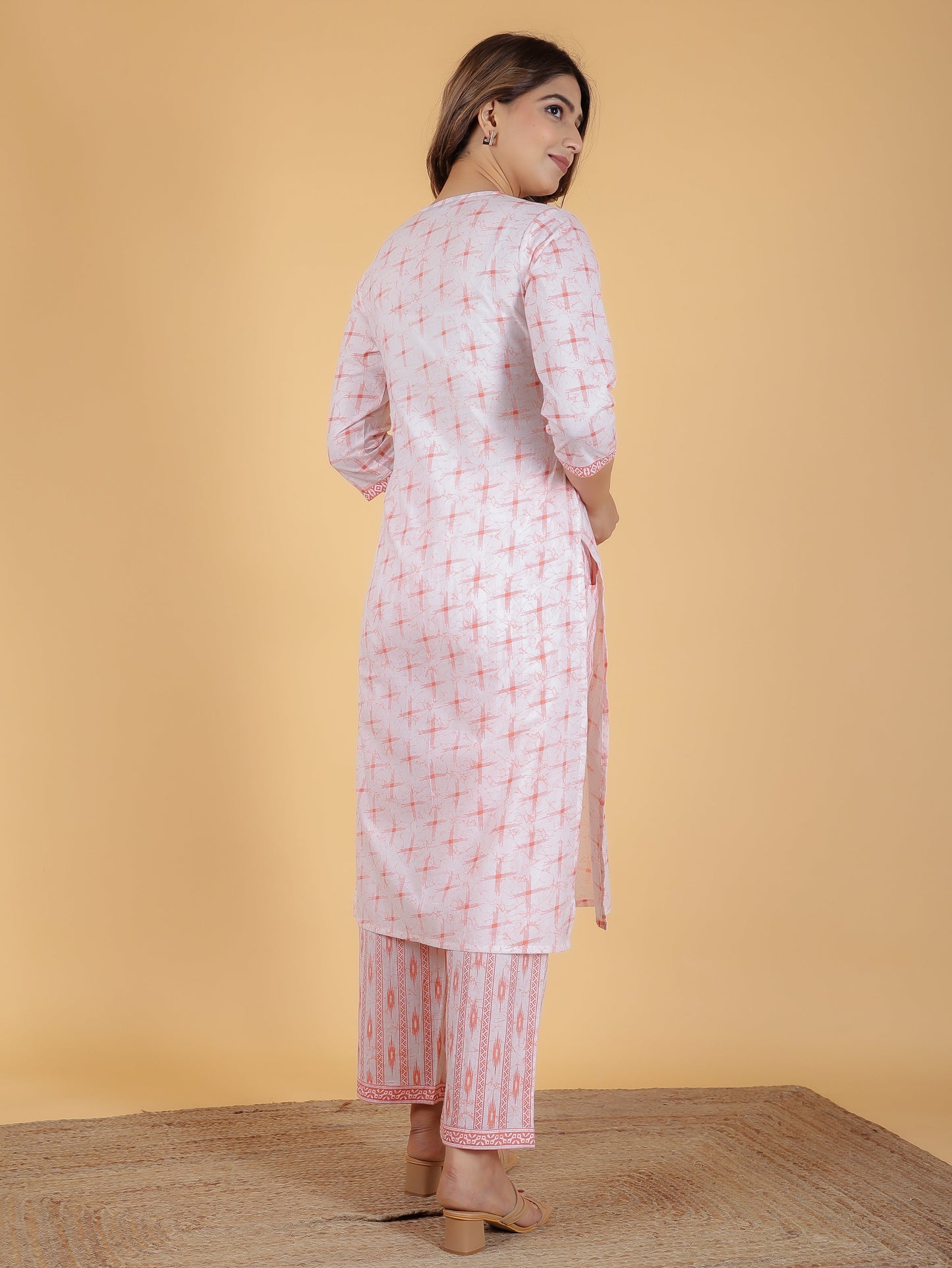 Soft Cotton Geometric Straight Orange Kurta