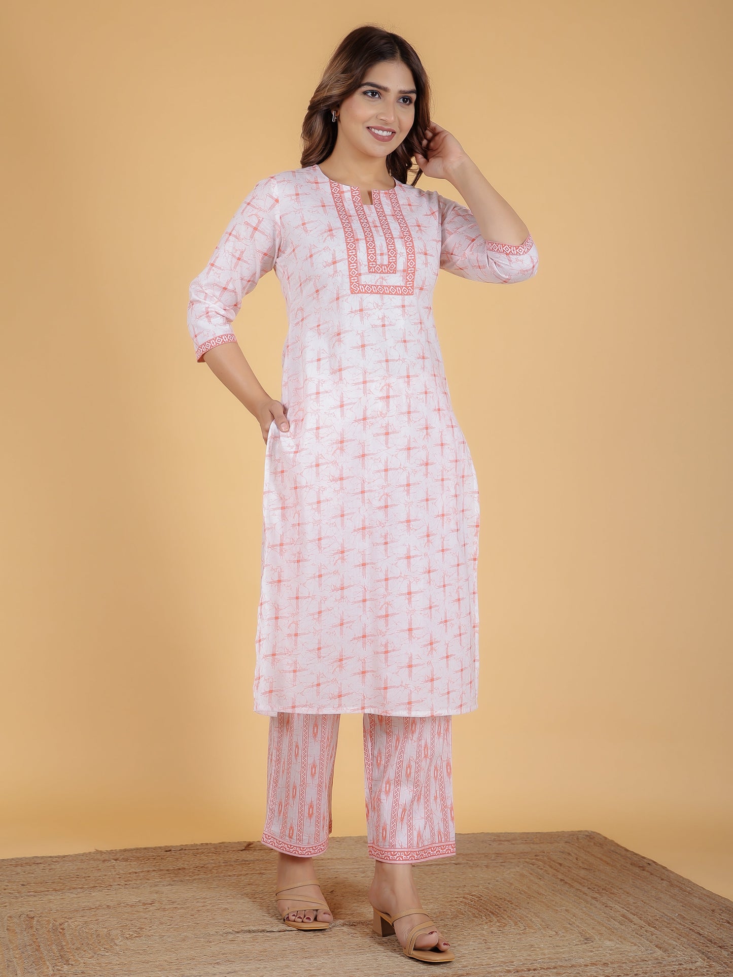 Soft Cotton Geometric Straight Orange Kurta