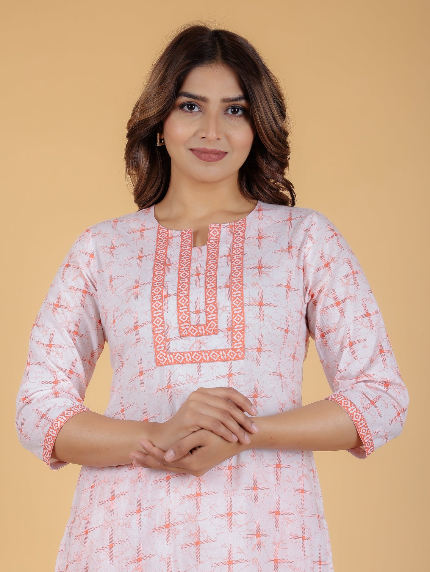 Soft Cotton Geometric Straight Orange Kurta