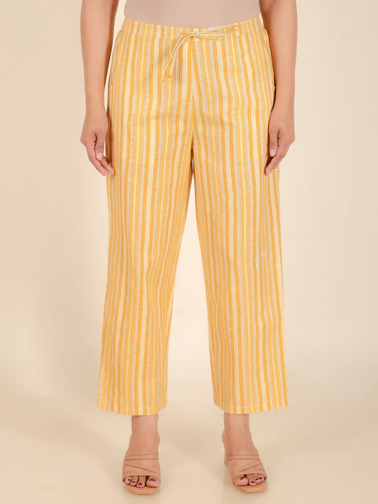 Linen Cotton Striped Yellow Straight Trousers