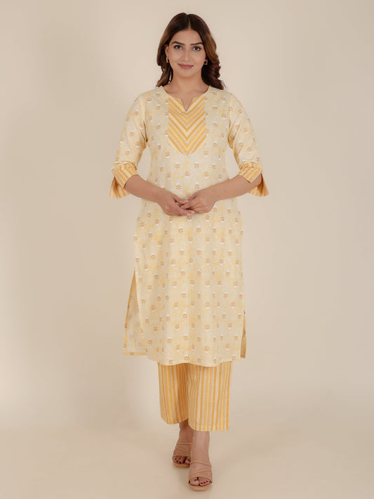 Linen Cotton Gold foil Straight Yellow Kurta