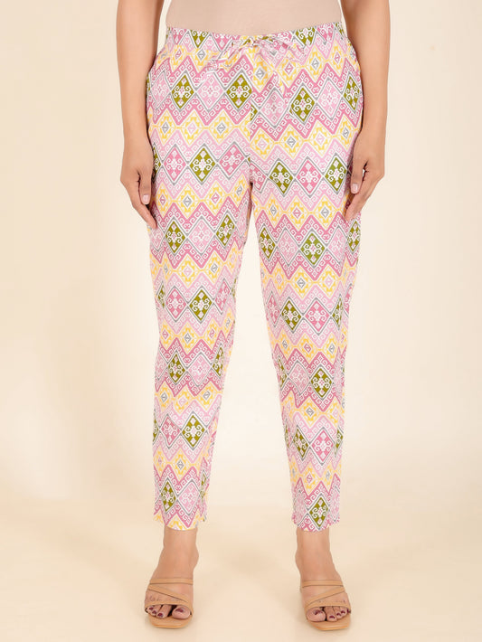 Linen Cotton Ikat Pink Tapered Trousers