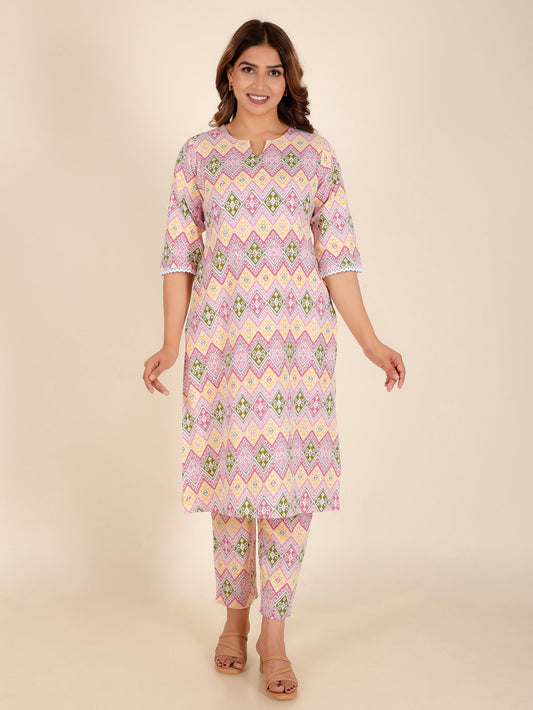Linen Cotton Ikat Straight Pink Kurta