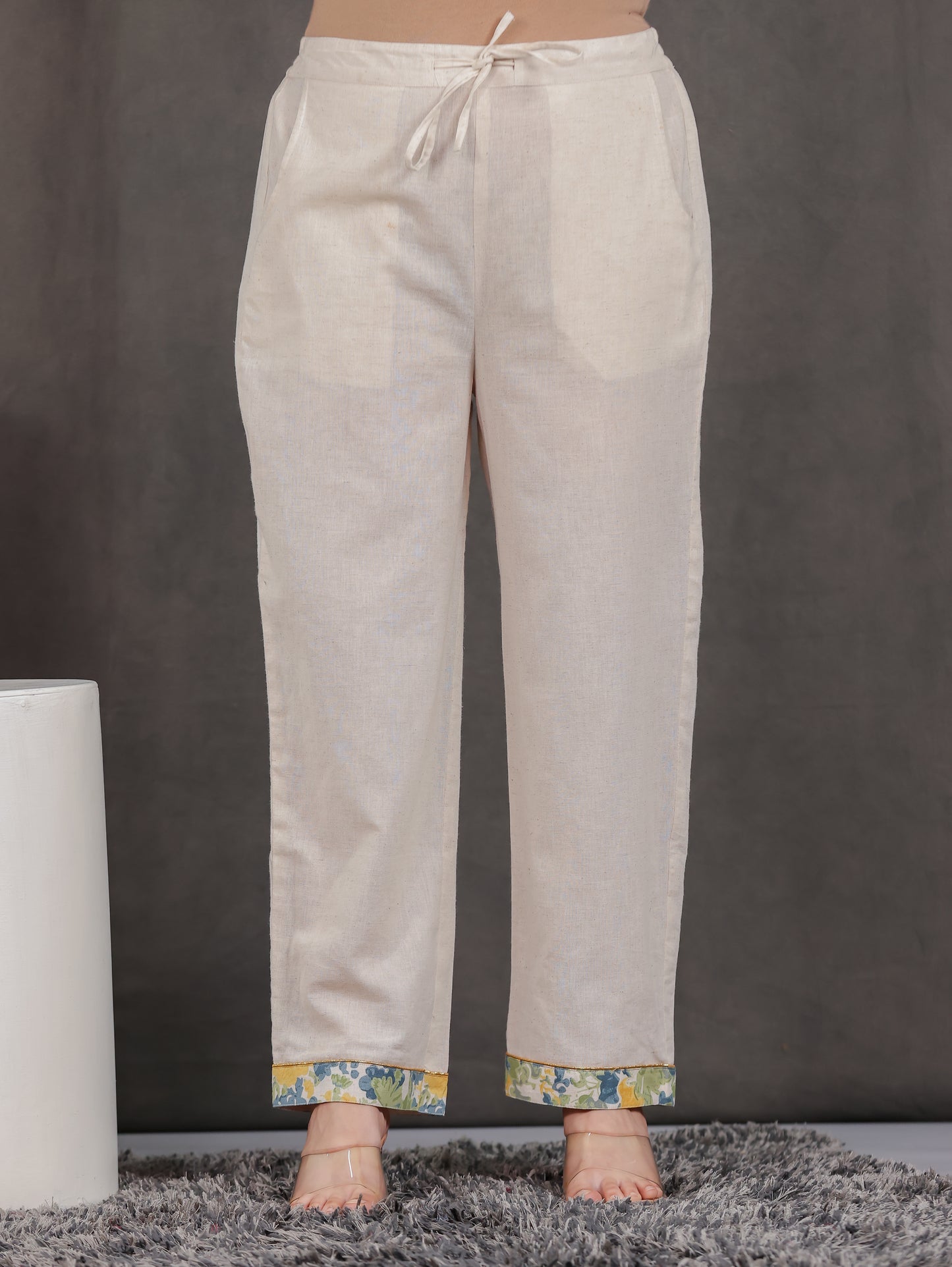 Linen Cotton Solid Off White Straight Trousers