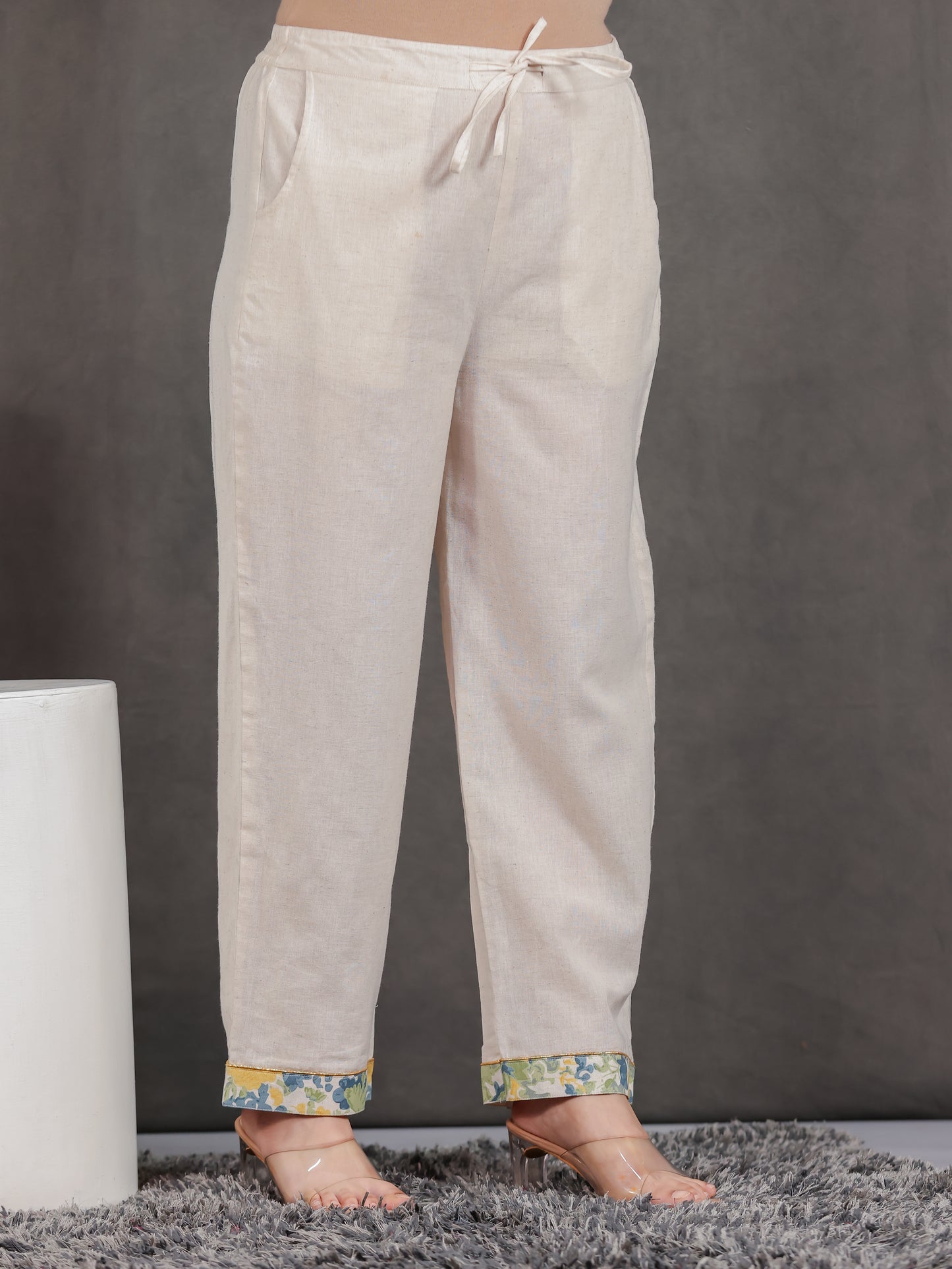 Linen Cotton Solid Off White Straight Trousers