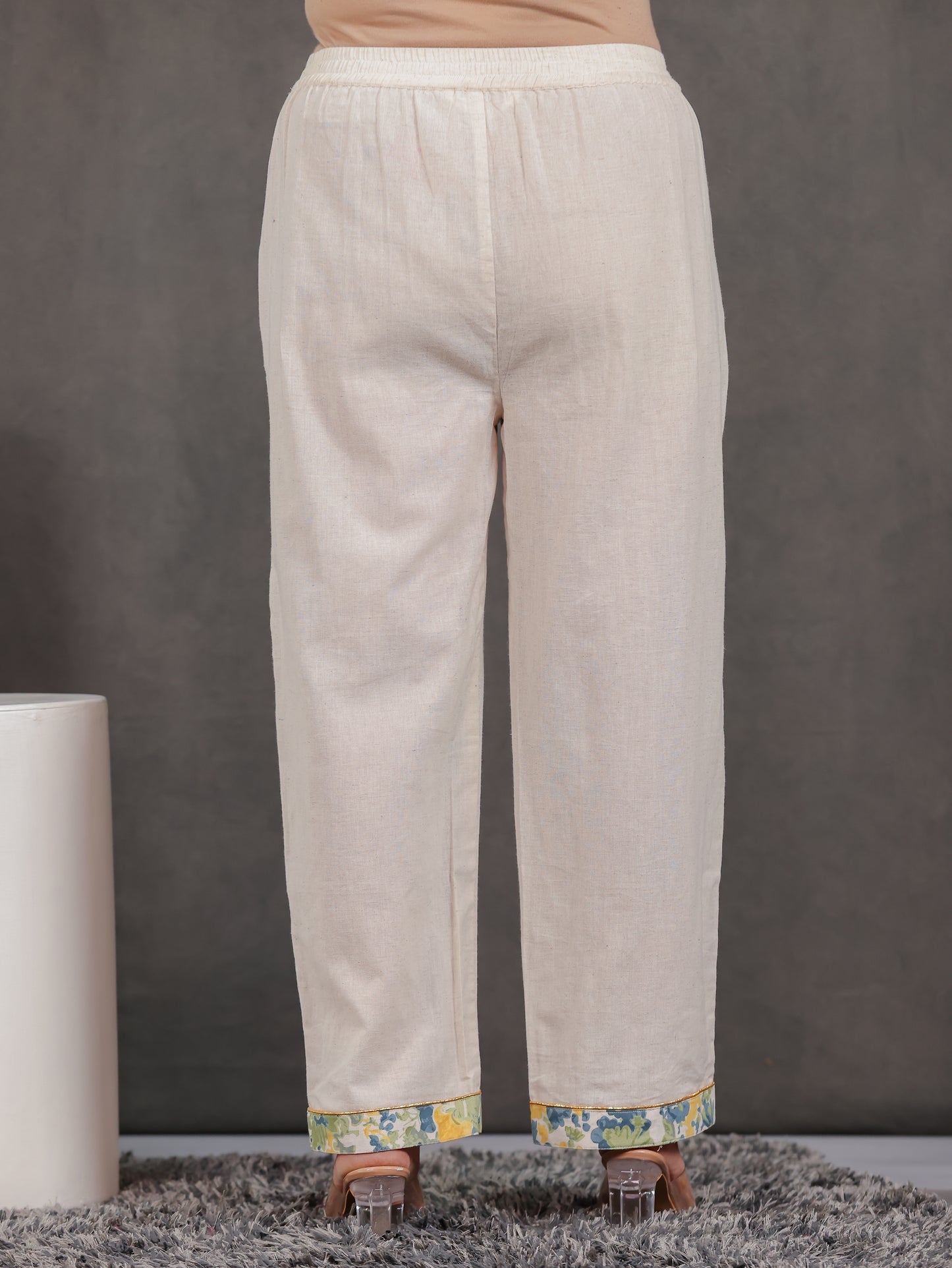 Linen Cotton Solid Off White Straight Trousers