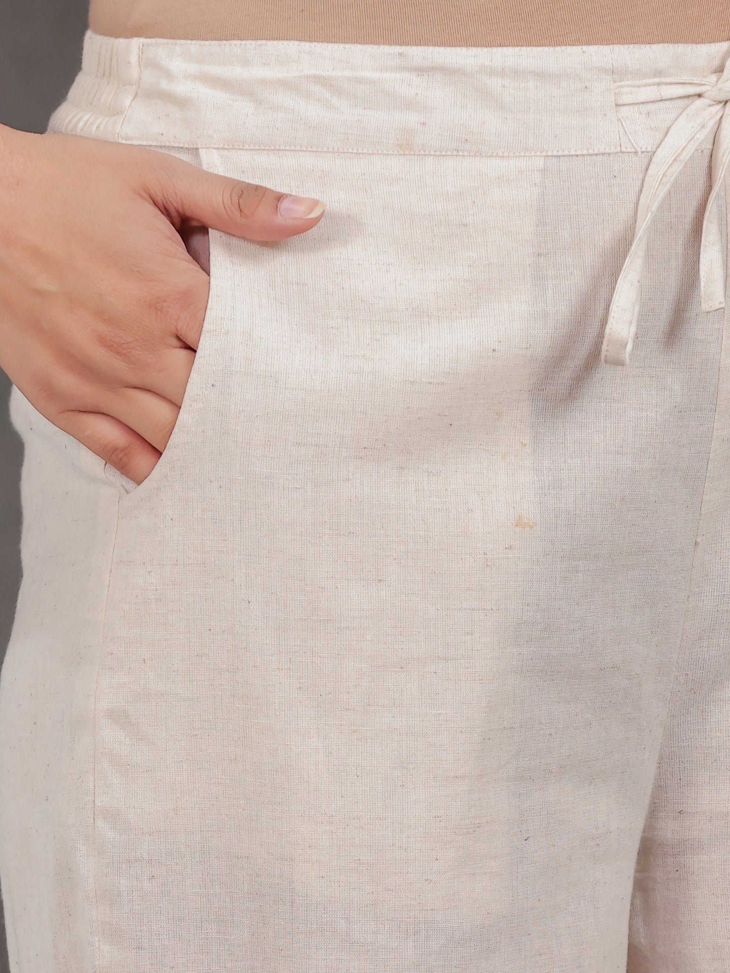 Linen Cotton Solid Off White Straight Trousers