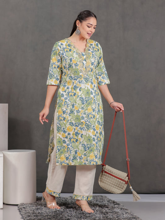 Embroidered Linen Cotton Floral Straight Off-White Kurta
