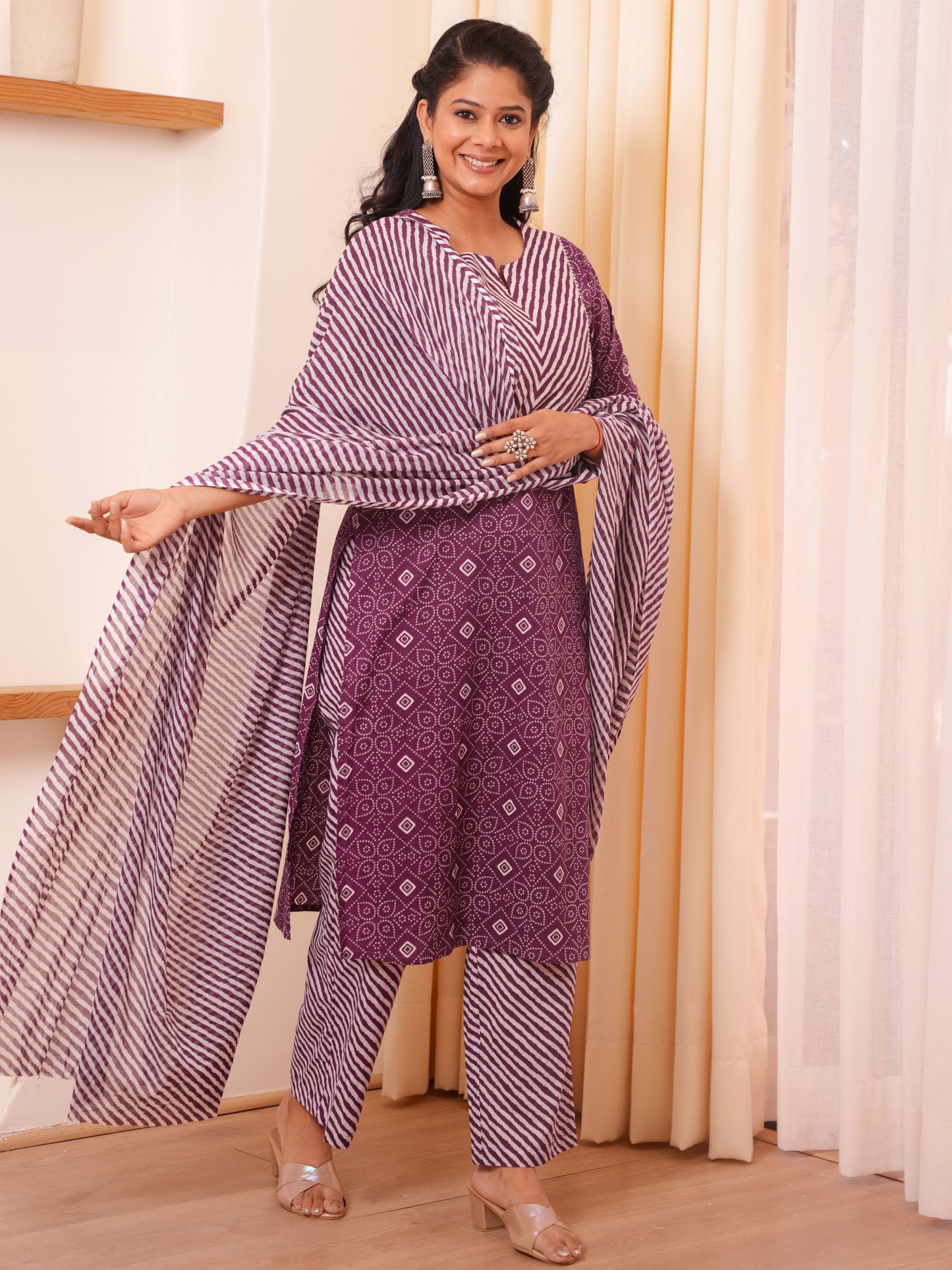 Embroidered Soft Cotton Bandhani Straight Purple Kurta