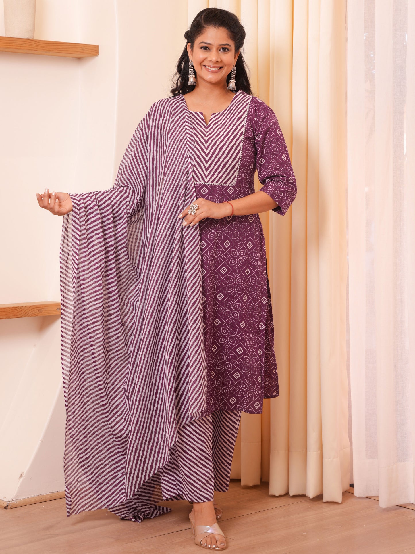Embroidered Soft Cotton Bandhani Straight Purple Kurta
