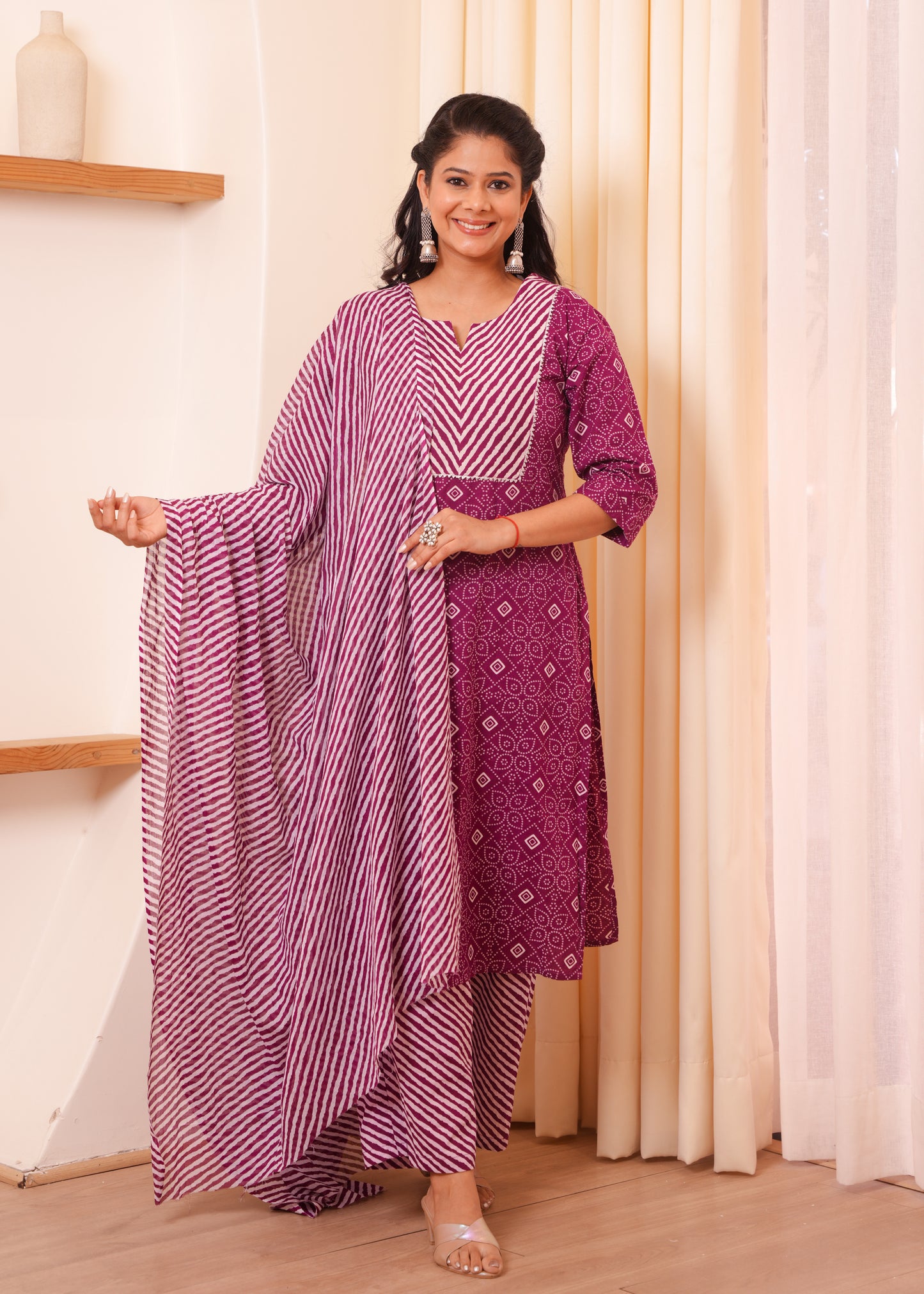 Embroidered Soft Cotton Bandhani Straight Purple Kurta