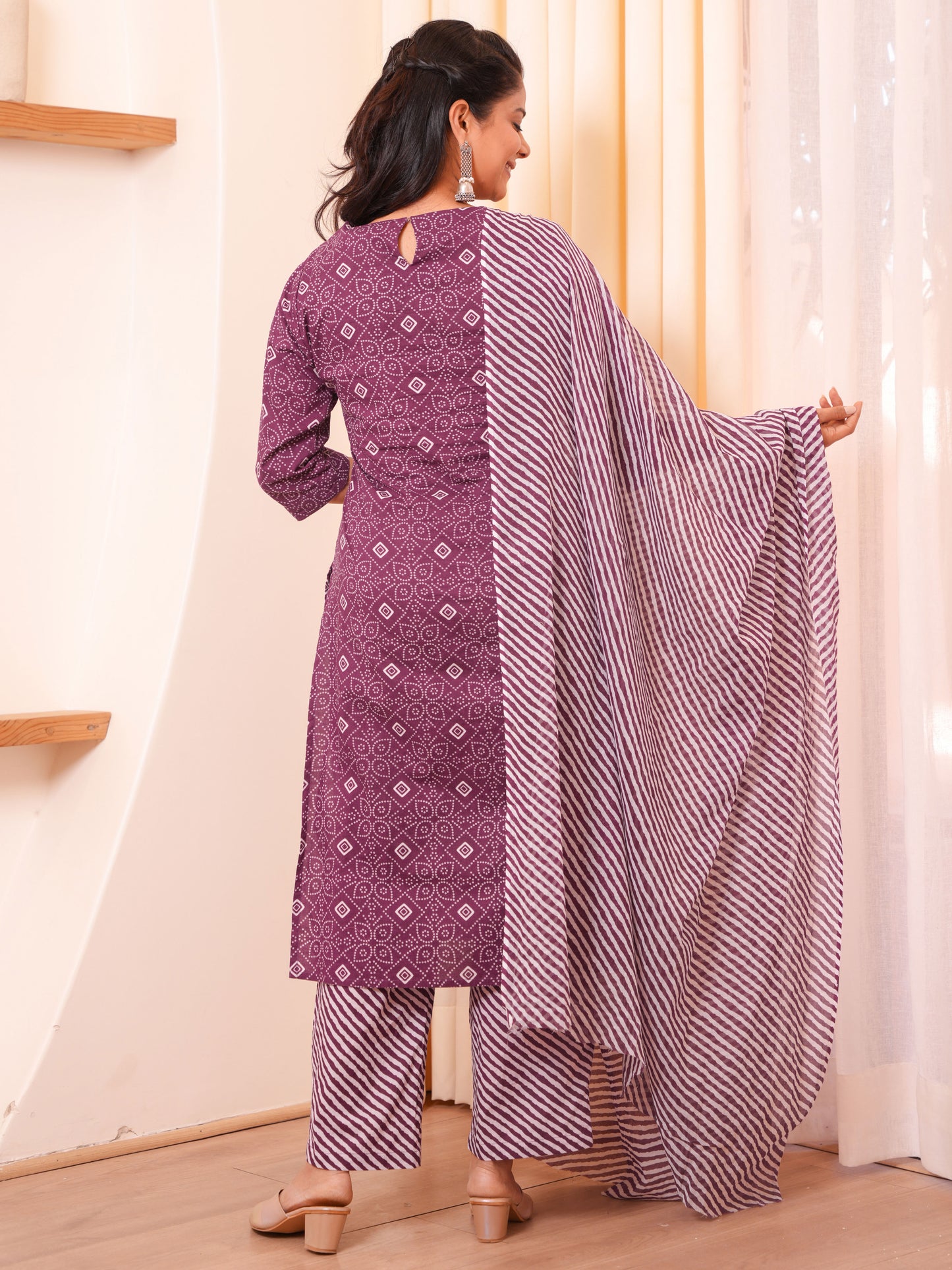 Embroidered Soft Cotton Bandhani Straight Purple Kurta