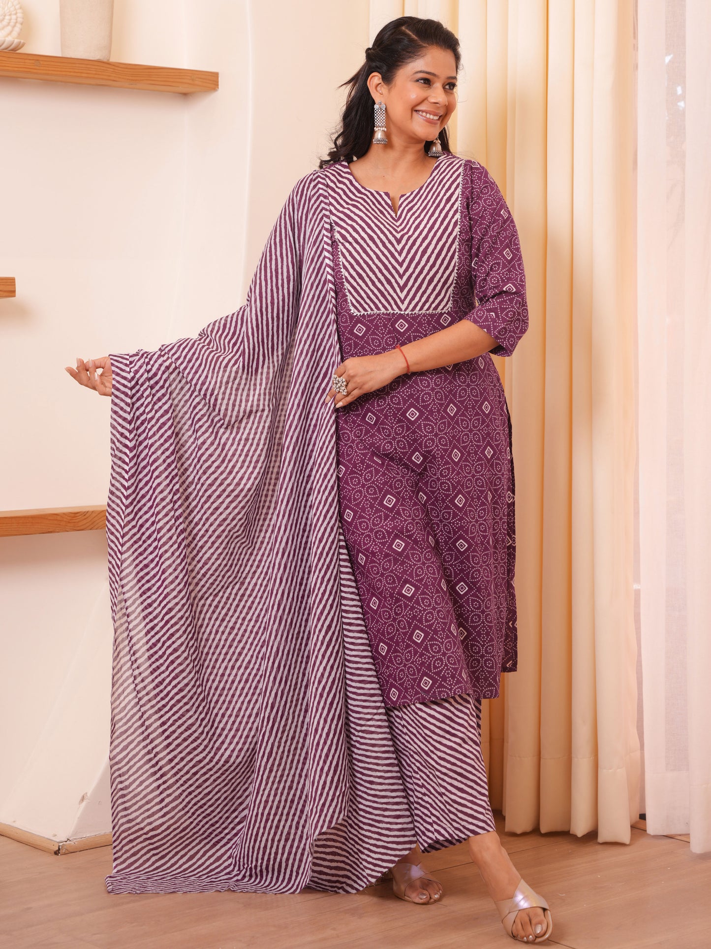 Embroidered Soft Cotton Bandhani Straight Purple Kurta