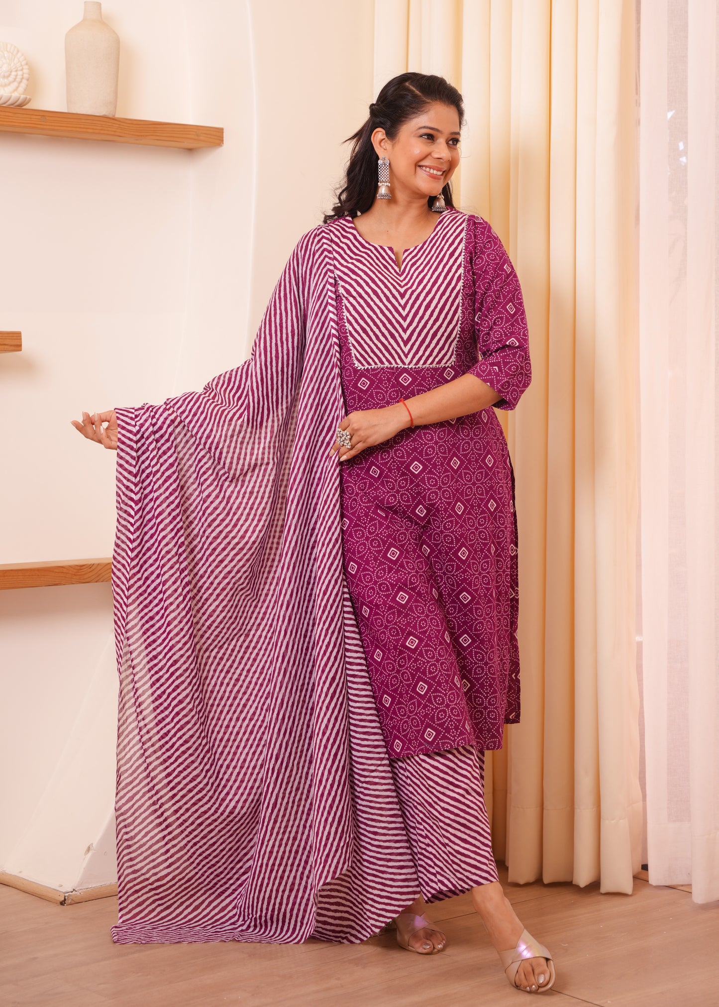 Embroidered Soft Cotton Bandhani Straight Purple Kurta