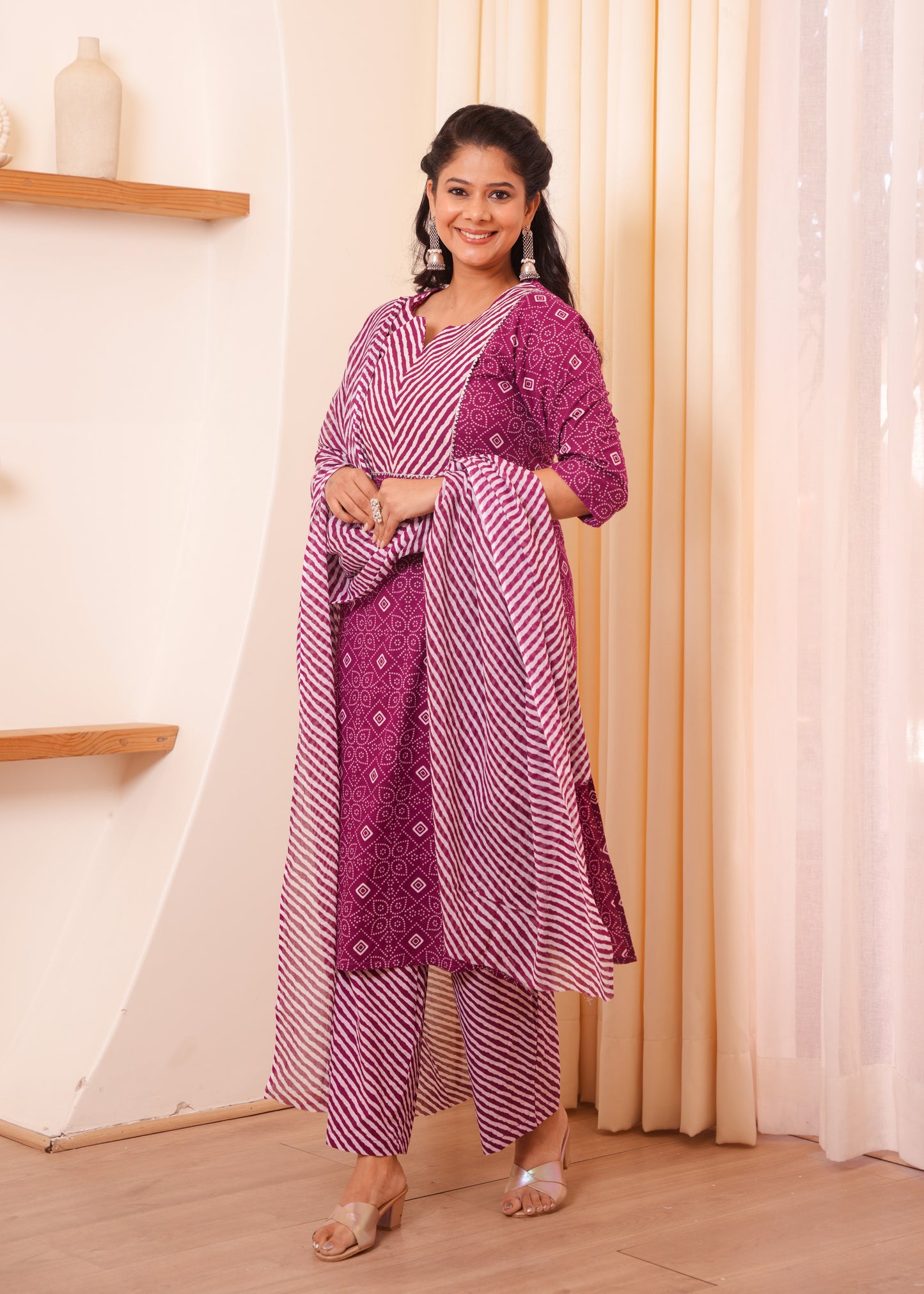 Embroidered Soft Cotton Bandhani Straight Purple Kurta
