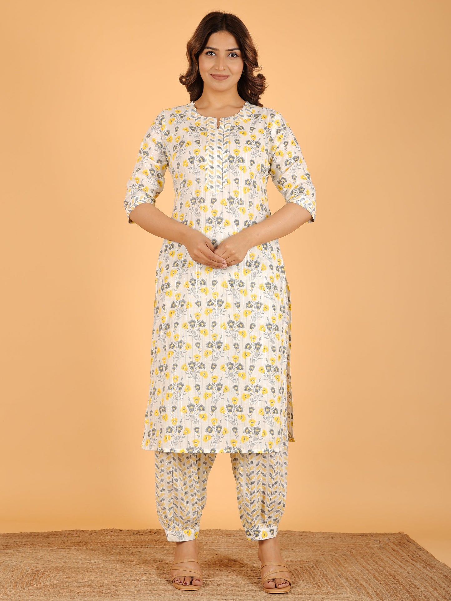 Soft Cotton Floral Straight Off-White Kurta