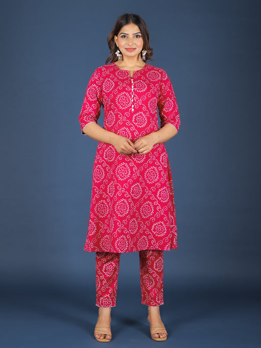 Soft Cotton Bandhani A-line Pink Kurta