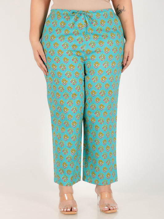 Soft Cotton Floral Turquoise Straight Trousers