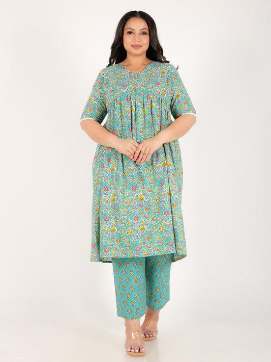 Soft Cotton Floral Anarkali Turquoise Kurta