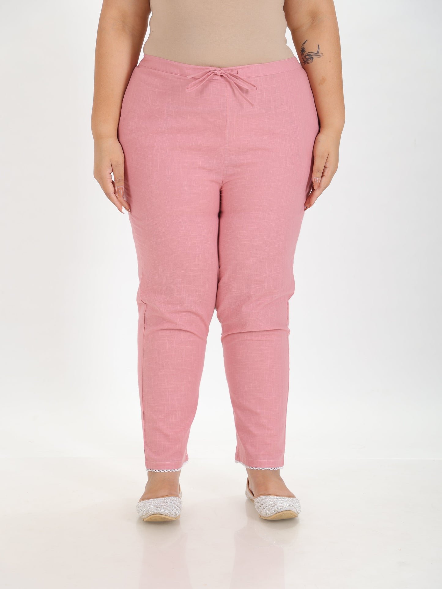 Natural Cotton Solid Pink Tapered Trousers