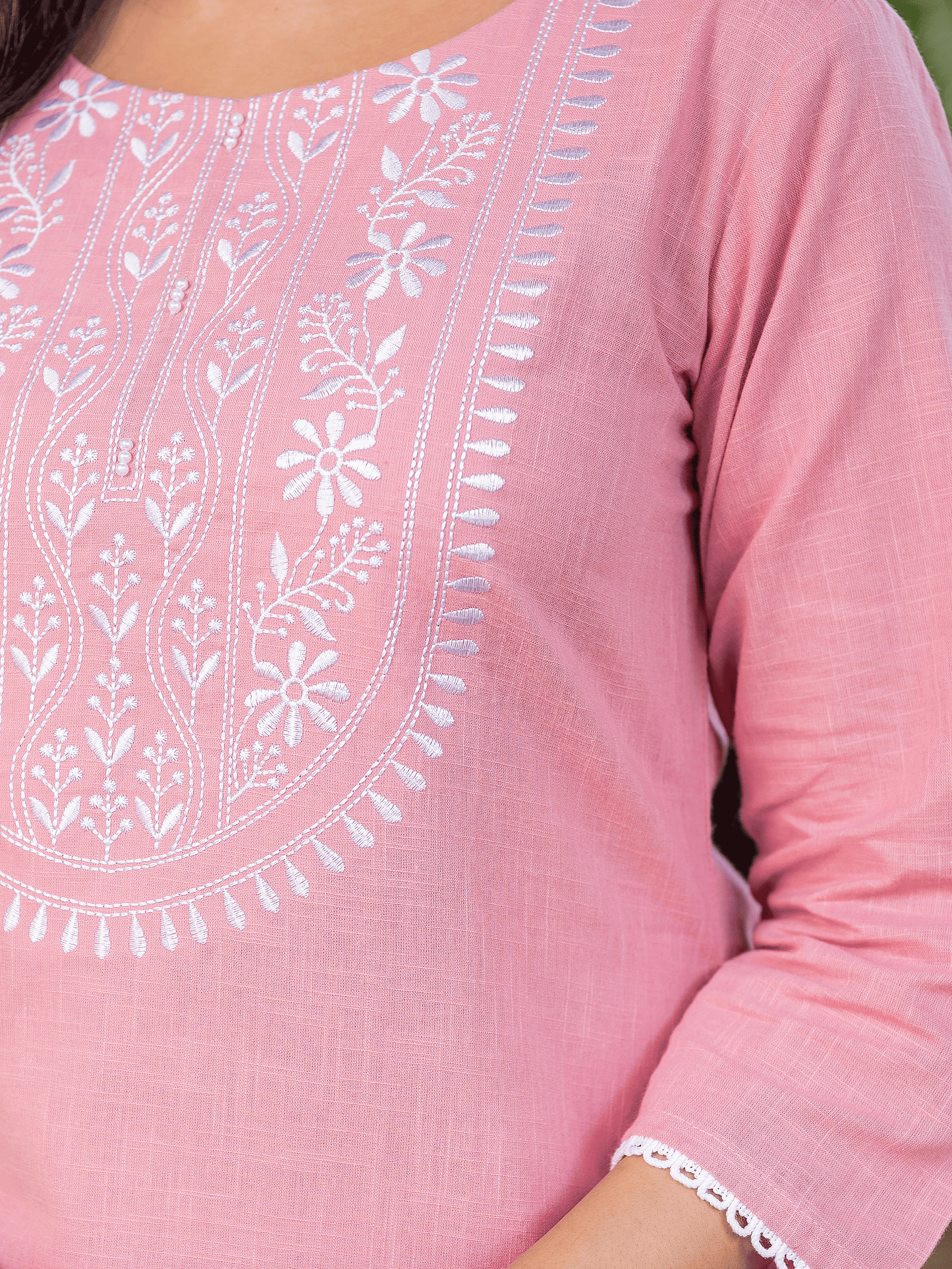 Embroidered Natural Cotton Solid Straight Pink Kurta