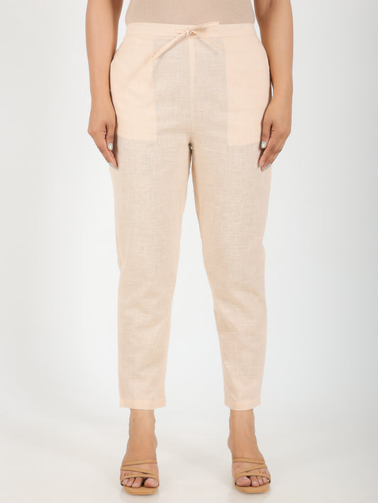 Natural Cotton Solid Beige Tapered Trousers