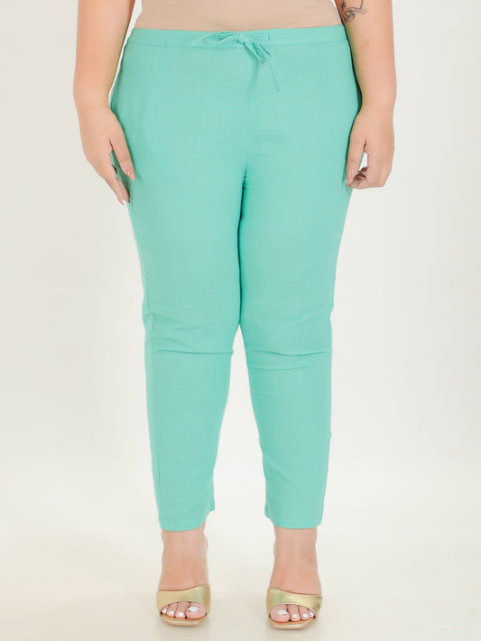 Natural Cotton Solid Green Tapered Trousers