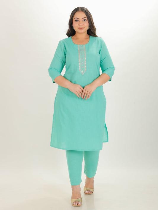 Natural Cotton Solid Straight Green Kurta